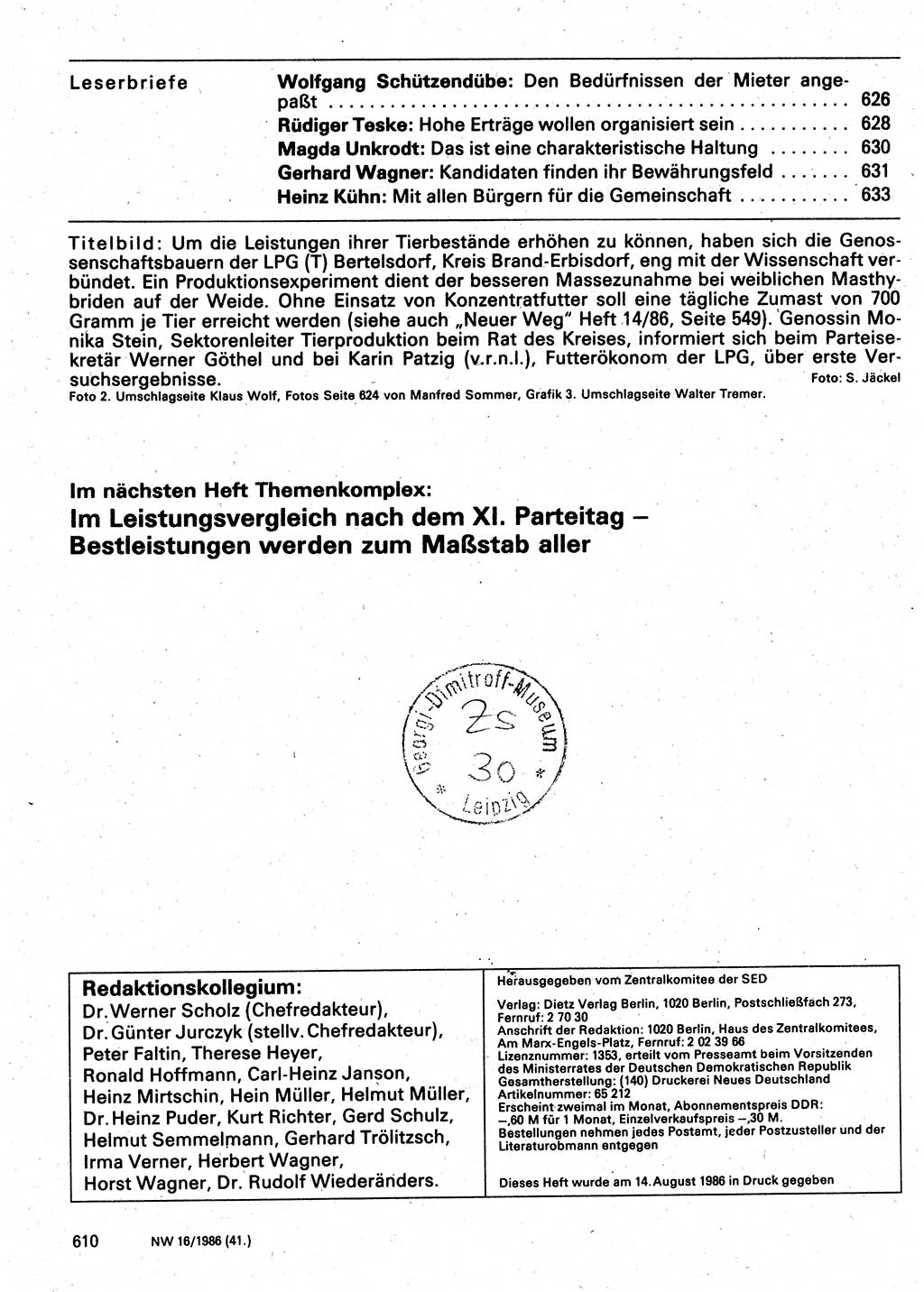 Neuer Weg (NW), Organ des Zentralkomitees (ZK) der SED (Sozialistische Einheitspartei Deutschlands) für Fragen des Parteilebens, 41. Jahrgang [Deutsche Demokratische Republik (DDR)] 1986, Seite 610 (NW ZK SED DDR 1986, S. 610)
