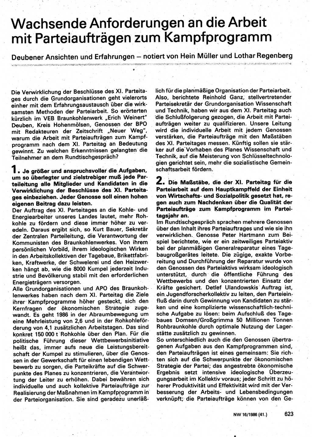 Neuer Weg (NW), Organ des Zentralkomitees (ZK) der SED (Sozialistische Einheitspartei Deutschlands) fÃ¼r Fragen des Parteilebens, 41. Jahrgang [Deutsche Demokratische Republik (DDR)] 1986, Seite 623 (NW ZK SED DDR 1986, S. 623)