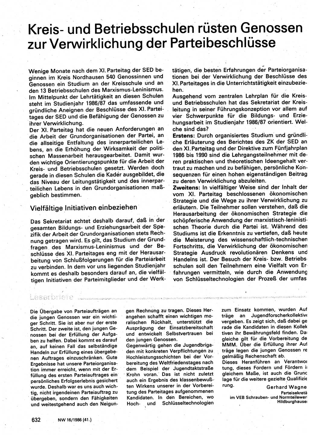 Neuer Weg (NW), Organ des Zentralkomitees (ZK) der SED (Sozialistische Einheitspartei Deutschlands) für Fragen des Parteilebens, 41. Jahrgang [Deutsche Demokratische Republik (DDR)] 1986, Seite 632 (NW ZK SED DDR 1986, S. 632)