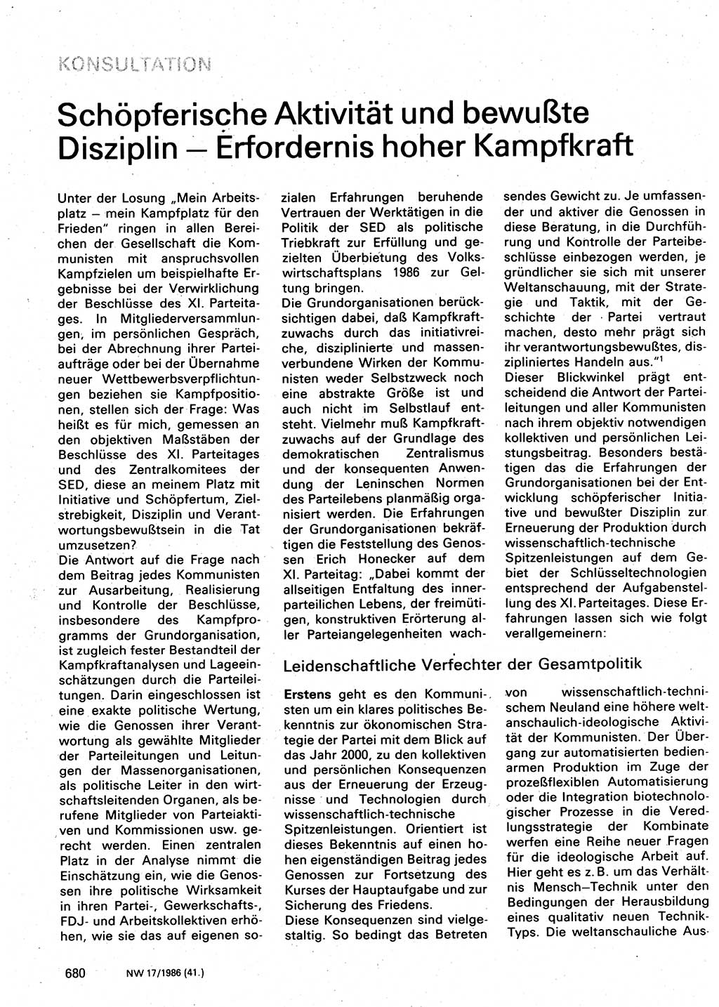 Neuer Weg (NW), Organ des Zentralkomitees (ZK) der SED (Sozialistische Einheitspartei Deutschlands) für Fragen des Parteilebens, 41. Jahrgang [Deutsche Demokratische Republik (DDR)] 1986, Seite 680 (NW ZK SED DDR 1986, S. 680)