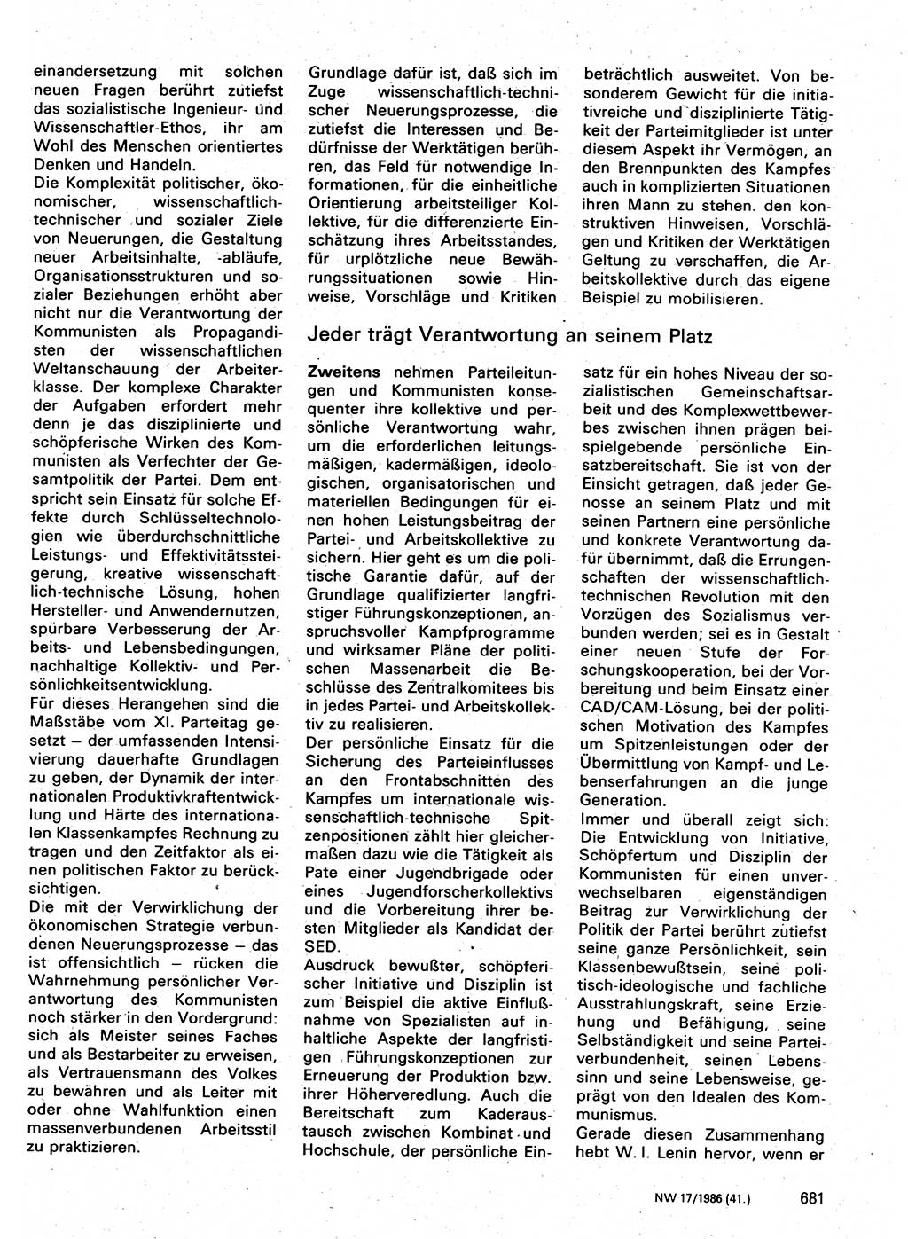 Neuer Weg (NW), Organ des Zentralkomitees (ZK) der SED (Sozialistische Einheitspartei Deutschlands) für Fragen des Parteilebens, 41. Jahrgang [Deutsche Demokratische Republik (DDR)] 1986, Seite 681 (NW ZK SED DDR 1986, S. 681)