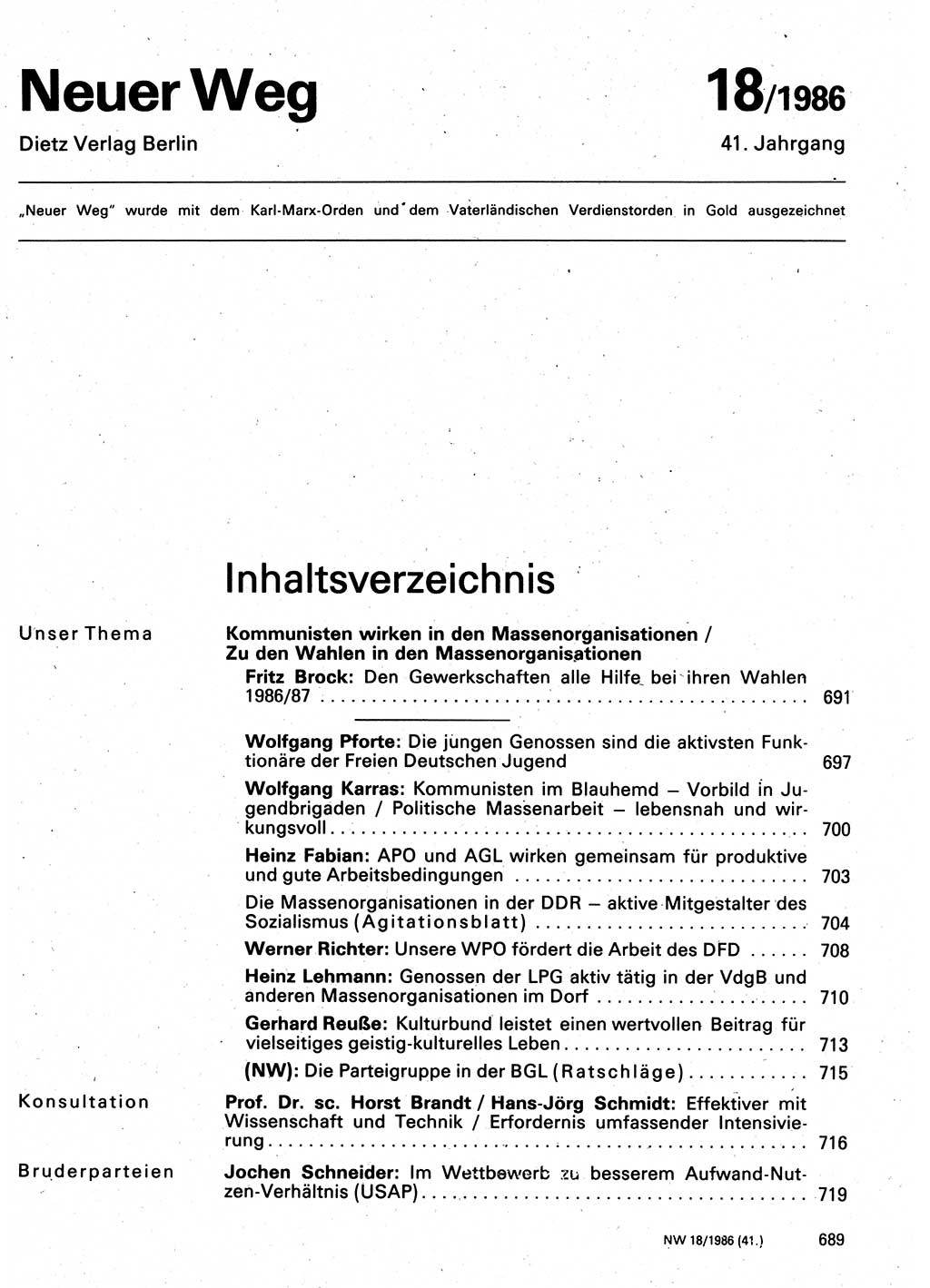 Neuer Weg (NW), Organ des Zentralkomitees (ZK) der SED (Sozialistische Einheitspartei Deutschlands) für Fragen des Parteilebens, 41. Jahrgang [Deutsche Demokratische Republik (DDR)] 1986, Seite 689 (NW ZK SED DDR 1986, S. 689)