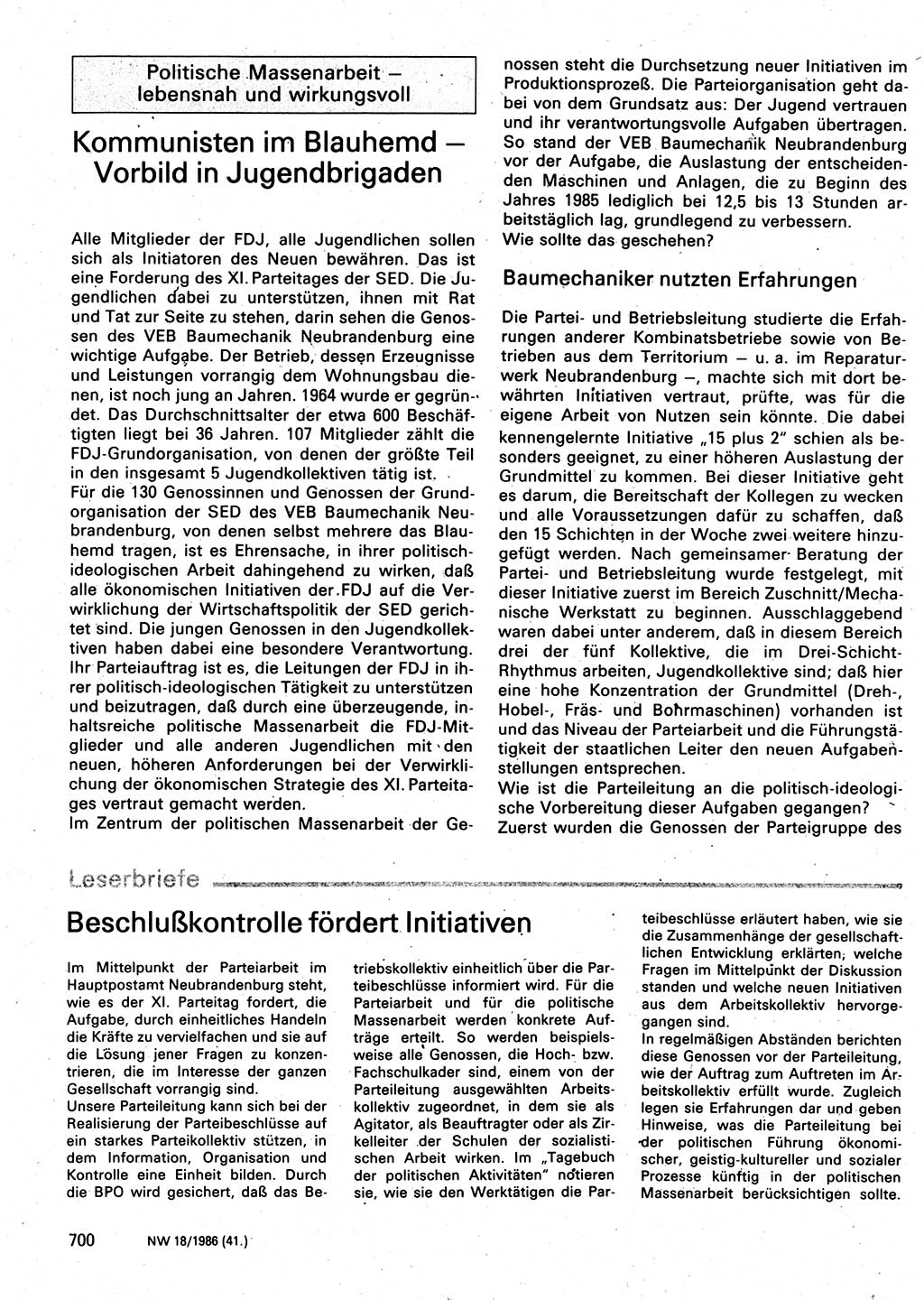 Neuer Weg (NW), Organ des Zentralkomitees (ZK) der SED (Sozialistische Einheitspartei Deutschlands) für Fragen des Parteilebens, 41. Jahrgang [Deutsche Demokratische Republik (DDR)] 1986, Seite 700 (NW ZK SED DDR 1986, S. 700)