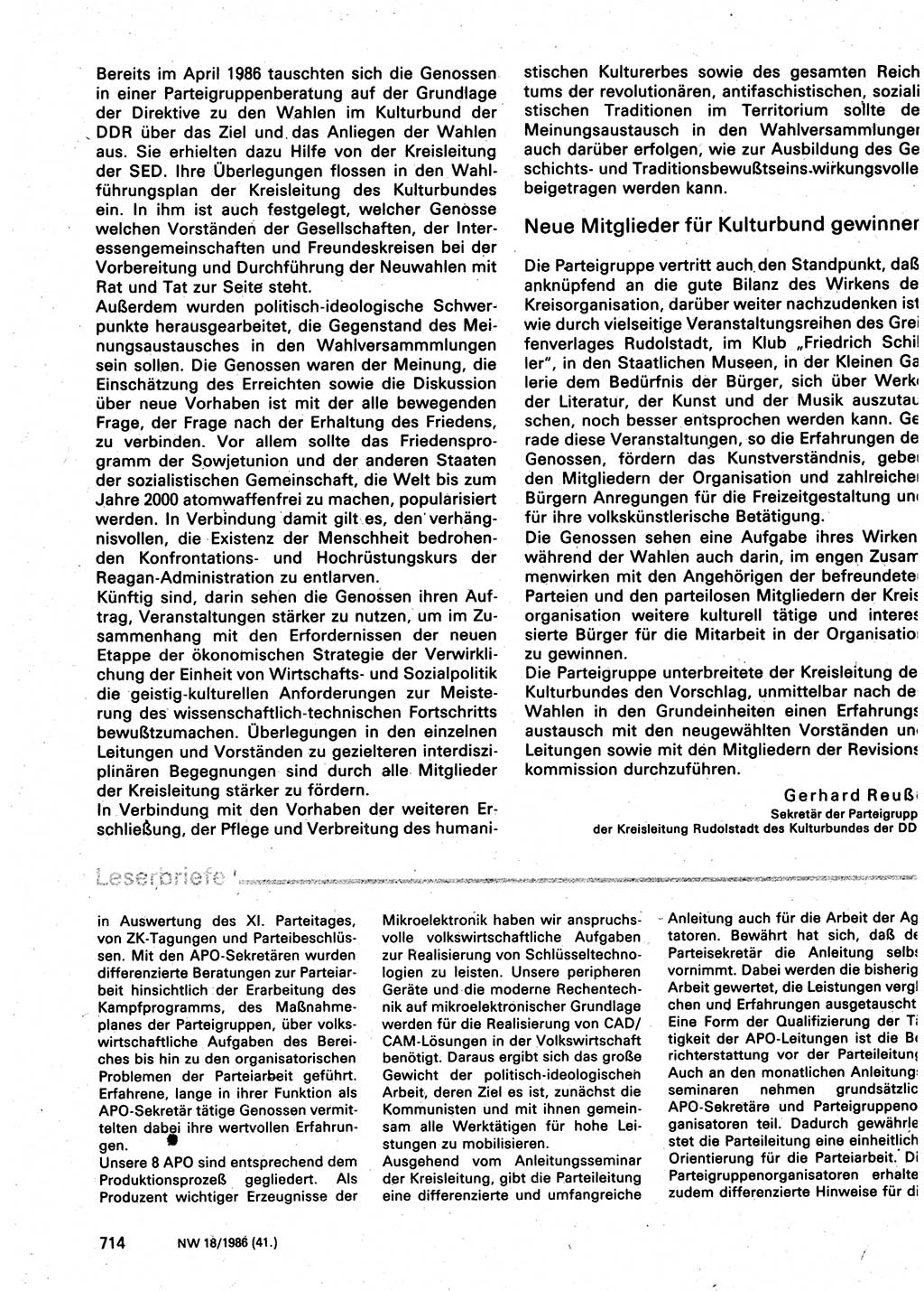 Neuer Weg (NW), Organ des Zentralkomitees (ZK) der SED (Sozialistische Einheitspartei Deutschlands) für Fragen des Parteilebens, 41. Jahrgang [Deutsche Demokratische Republik (DDR)] 1986, Seite 714 (NW ZK SED DDR 1986, S. 714)