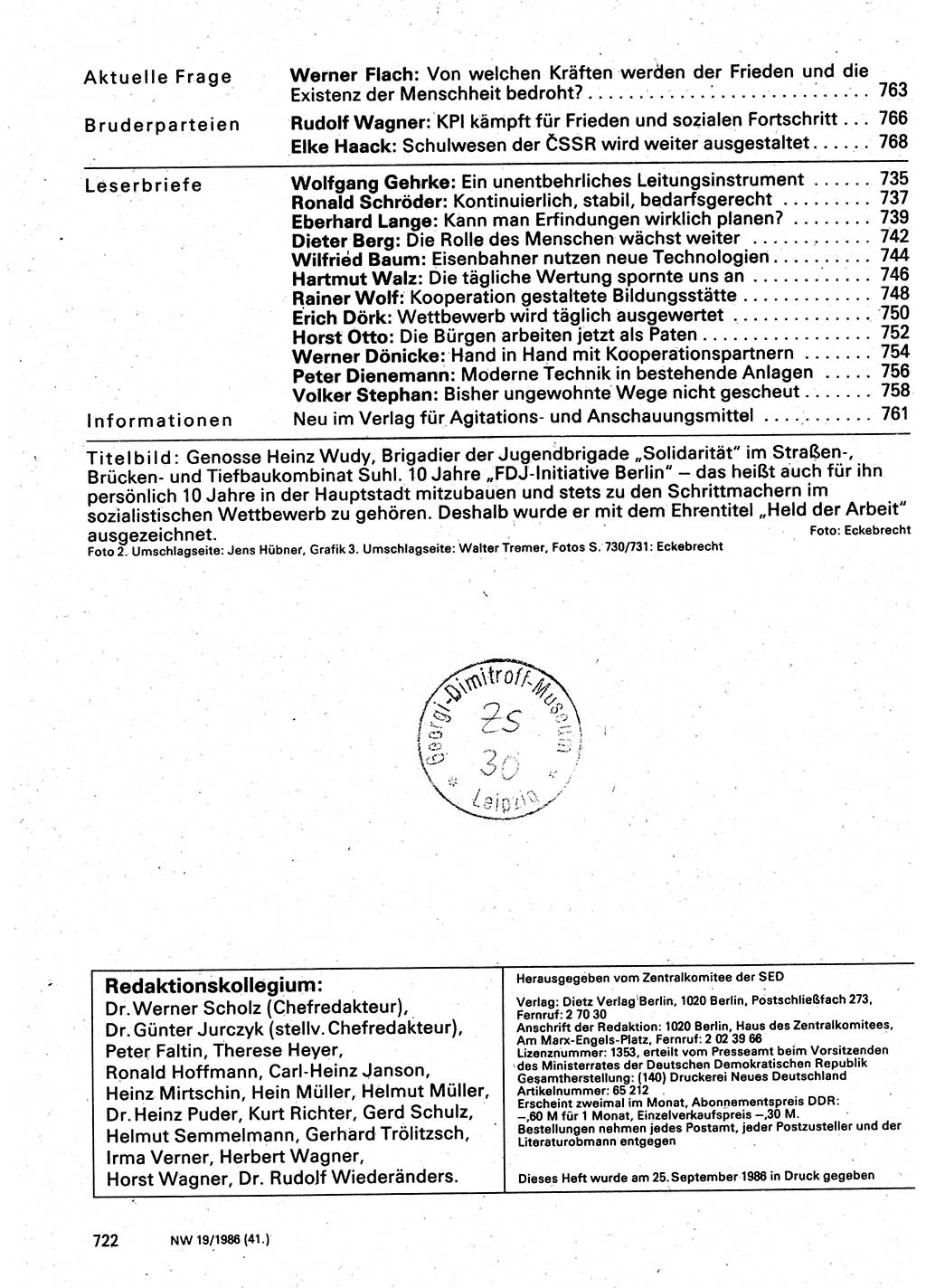 Neuer Weg (NW), Organ des Zentralkomitees (ZK) der SED (Sozialistische Einheitspartei Deutschlands) für Fragen des Parteilebens, 41. Jahrgang [Deutsche Demokratische Republik (DDR)] 1986, Seite 722 (NW ZK SED DDR 1986, S. 722)