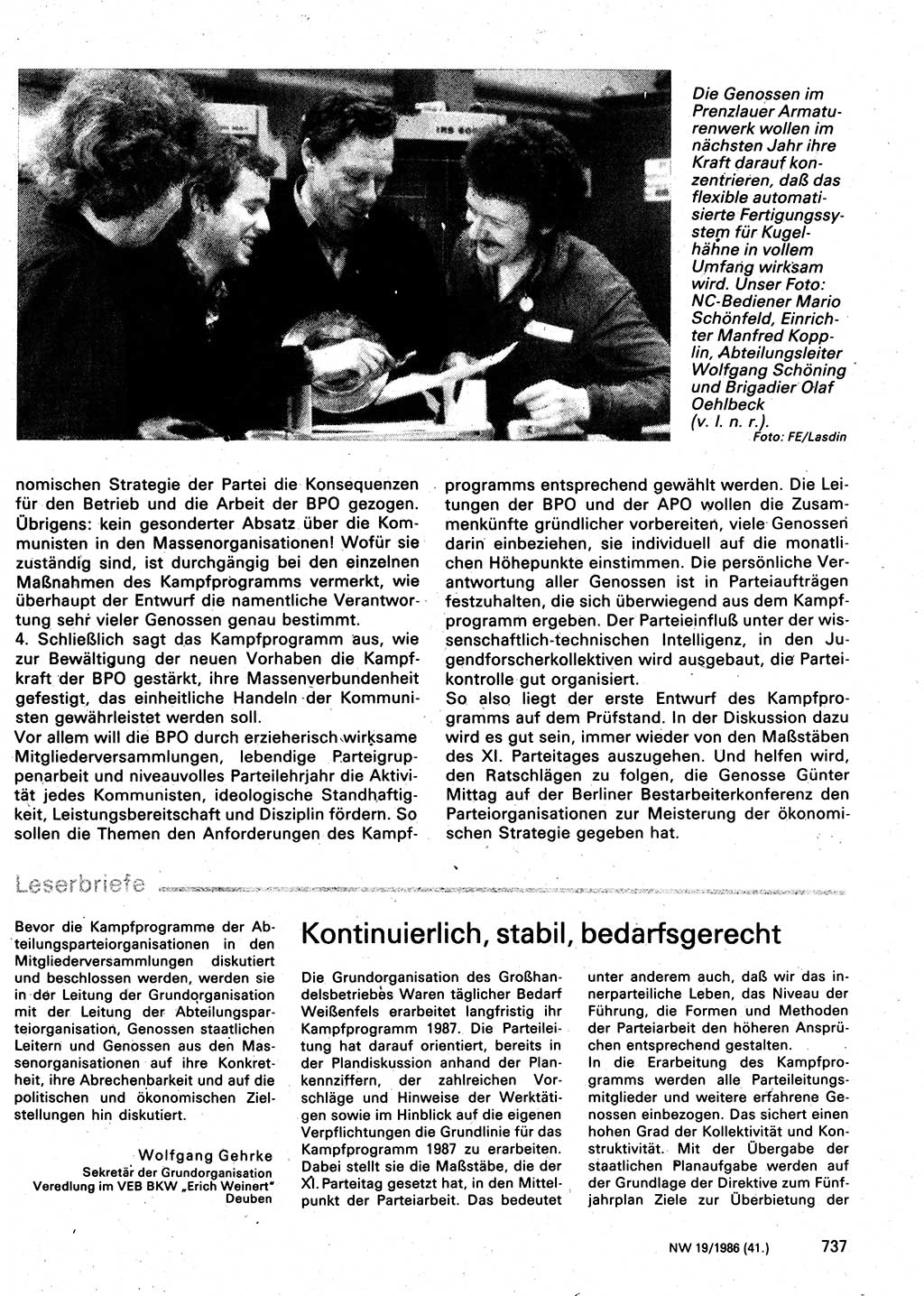 Neuer Weg (NW), Organ des Zentralkomitees (ZK) der SED (Sozialistische Einheitspartei Deutschlands) für Fragen des Parteilebens, 41. Jahrgang [Deutsche Demokratische Republik (DDR)] 1986, Seite 737 (NW ZK SED DDR 1986, S. 737)