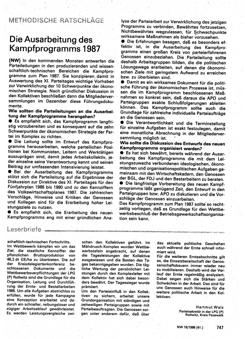 Neuer Weg (NW), Organ des Zentralkomitees (ZK) der SED (Sozialistische Einheitspartei Deutschlands) für Fragen des Parteilebens, 41. Jahrgang [Deutsche Demokratische Republik (DDR)] 1986, Seite 747 (NW ZK SED DDR 1986, S. 747)