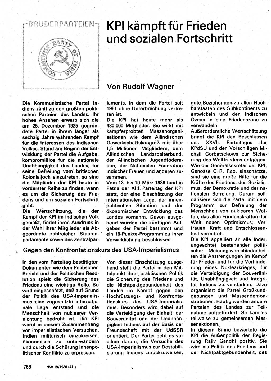 Neuer Weg (NW), Organ des Zentralkomitees (ZK) der SED (Sozialistische Einheitspartei Deutschlands) für Fragen des Parteilebens, 41. Jahrgang [Deutsche Demokratische Republik (DDR)] 1986, Seite 766 (NW ZK SED DDR 1986, S. 766)