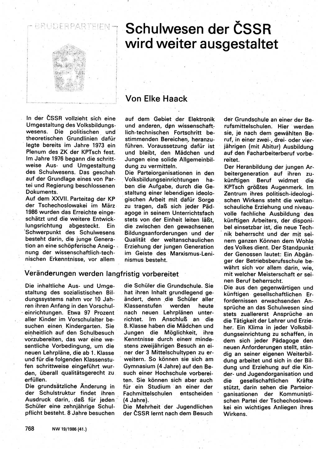 Neuer Weg (NW), Organ des Zentralkomitees (ZK) der SED (Sozialistische Einheitspartei Deutschlands) für Fragen des Parteilebens, 41. Jahrgang [Deutsche Demokratische Republik (DDR)] 1986, Seite 768 (NW ZK SED DDR 1986, S. 768)