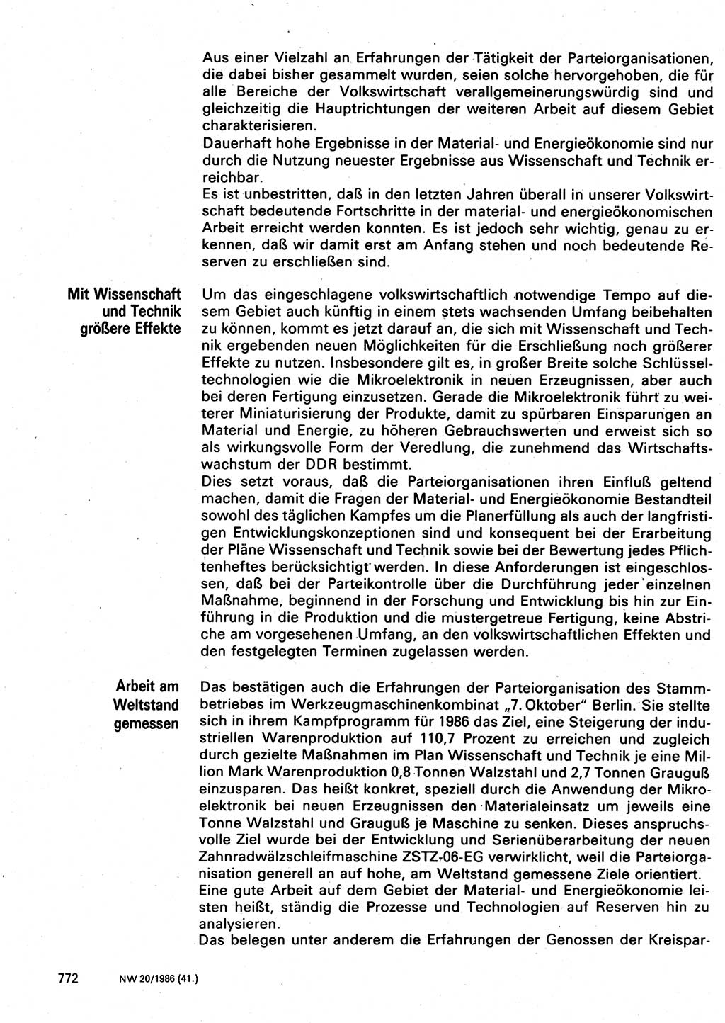 Neuer Weg (NW), Organ des Zentralkomitees (ZK) der SED (Sozialistische Einheitspartei Deutschlands) für Fragen des Parteilebens, 41. Jahrgang [Deutsche Demokratische Republik (DDR)] 1986, Seite 772 (NW ZK SED DDR 1986, S. 772)