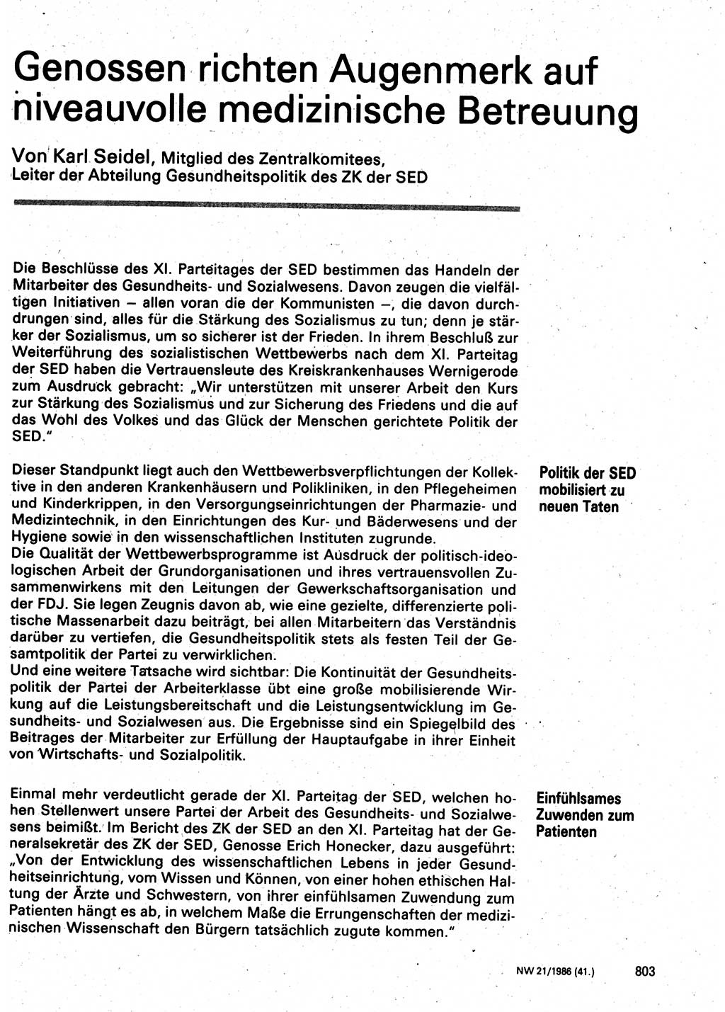 Neuer Weg (NW), Organ des Zentralkomitees (ZK) der SED (Sozialistische Einheitspartei Deutschlands) für Fragen des Parteilebens, 41. Jahrgang [Deutsche Demokratische Republik (DDR)] 1986, Seite 803 (NW ZK SED DDR 1986, S. 803)