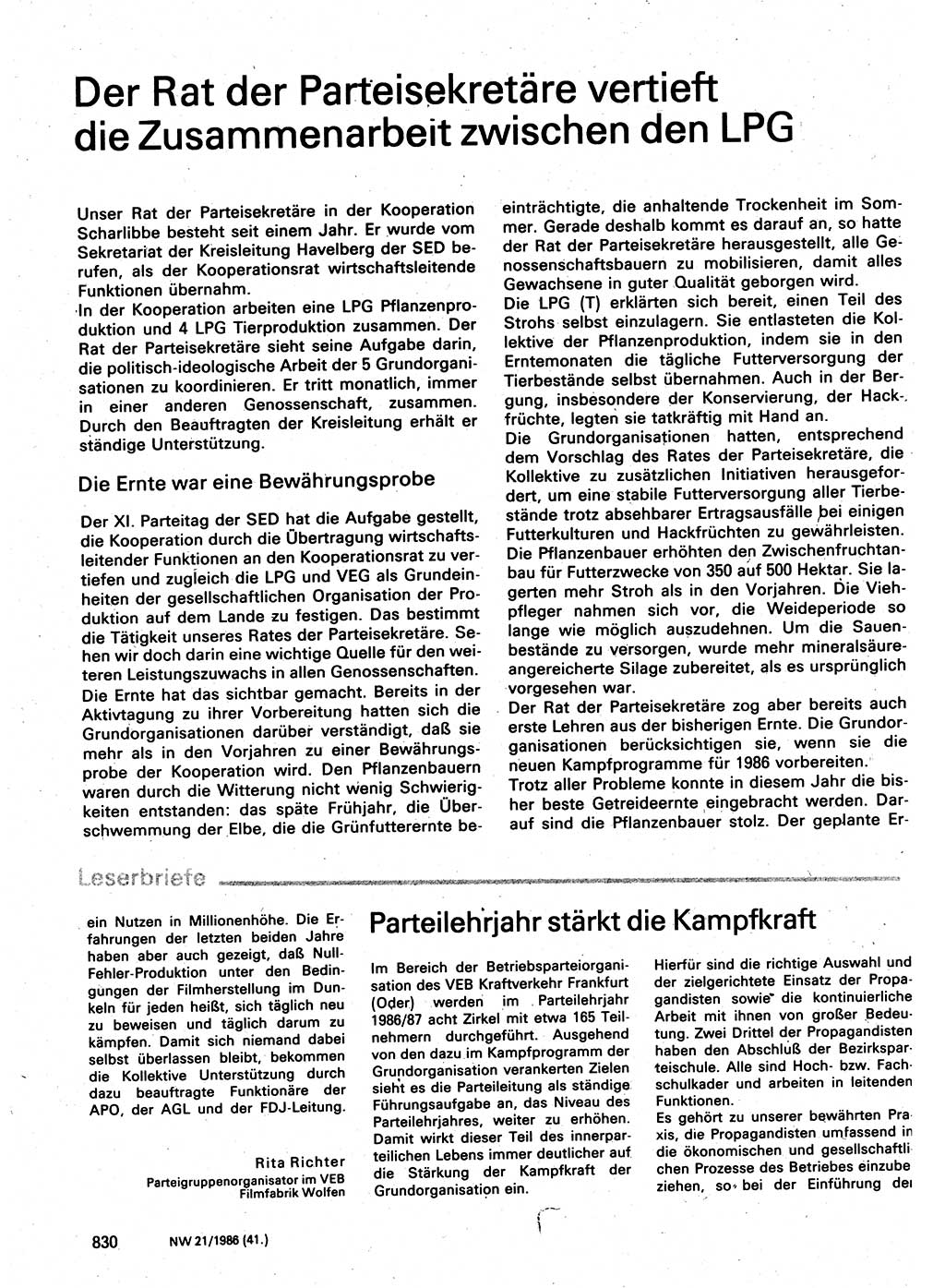 Neuer Weg (NW), Organ des Zentralkomitees (ZK) der SED (Sozialistische Einheitspartei Deutschlands) für Fragen des Parteilebens, 41. Jahrgang [Deutsche Demokratische Republik (DDR)] 1986, Seite 830 (NW ZK SED DDR 1986, S. 830)