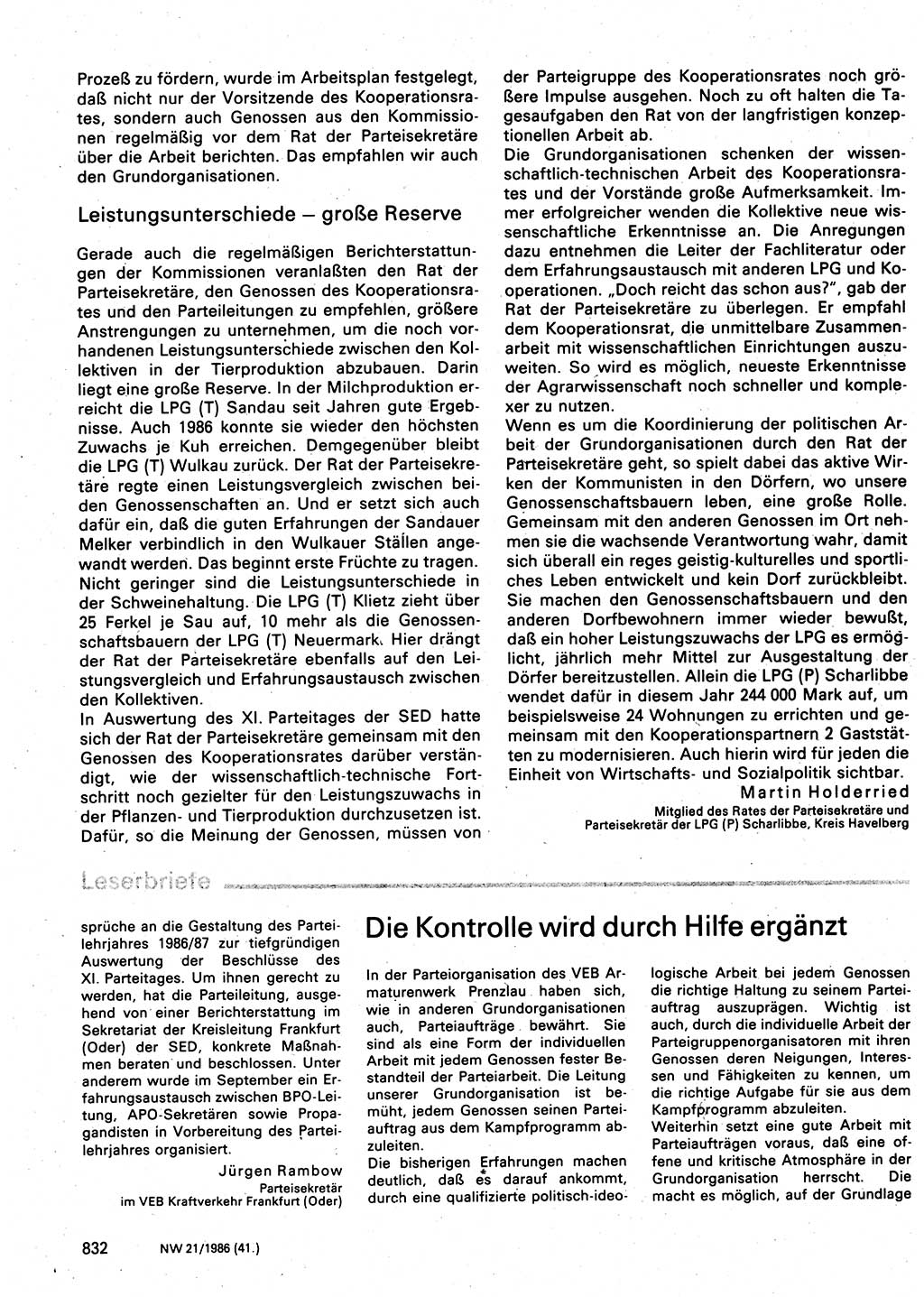 Neuer Weg (NW), Organ des Zentralkomitees (ZK) der SED (Sozialistische Einheitspartei Deutschlands) für Fragen des Parteilebens, 41. Jahrgang [Deutsche Demokratische Republik (DDR)] 1986, Seite 832 (NW ZK SED DDR 1986, S. 832)