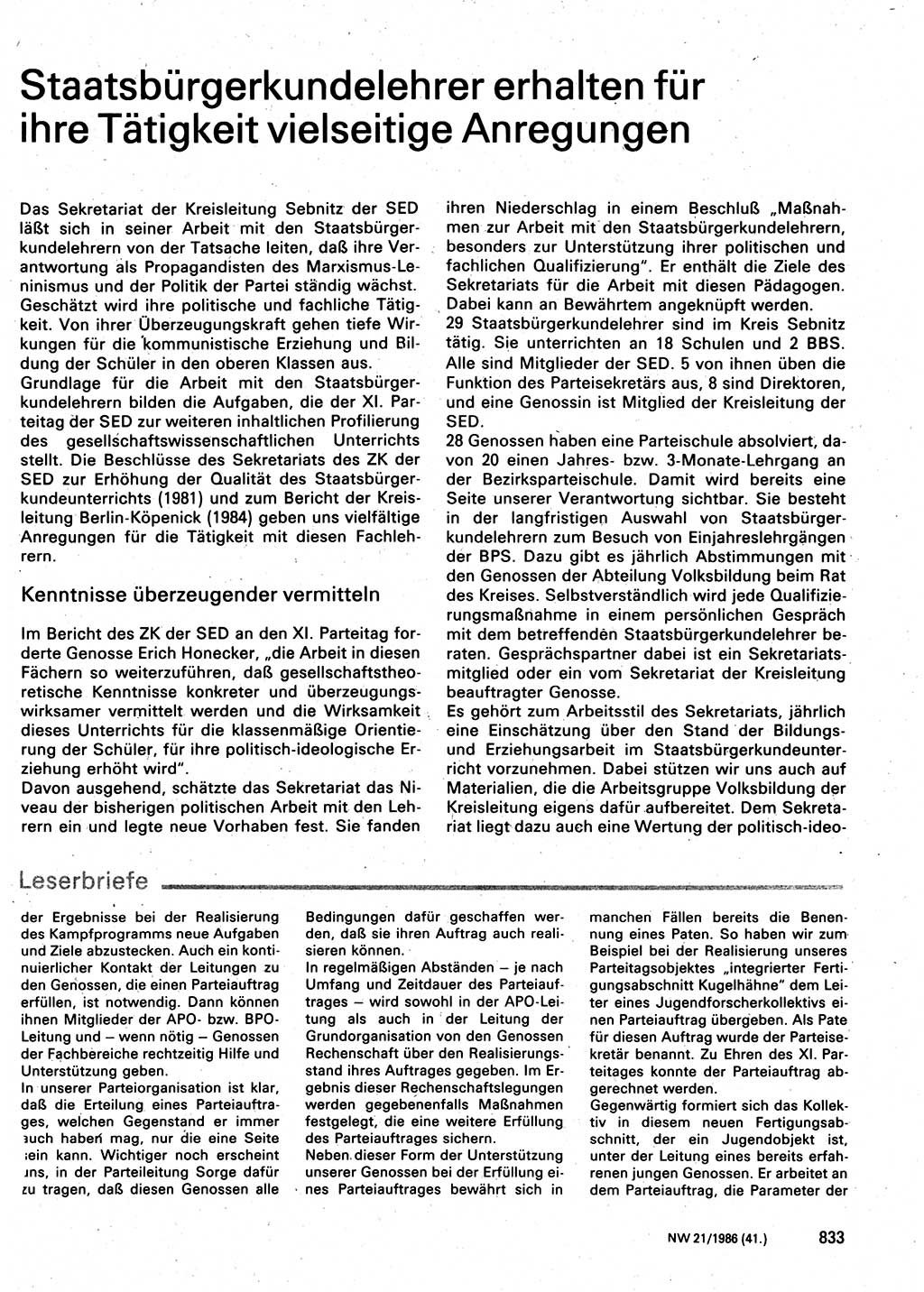 Neuer Weg (NW), Organ des Zentralkomitees (ZK) der SED (Sozialistische Einheitspartei Deutschlands) für Fragen des Parteilebens, 41. Jahrgang [Deutsche Demokratische Republik (DDR)] 1986, Seite 833 (NW ZK SED DDR 1986, S. 833)
