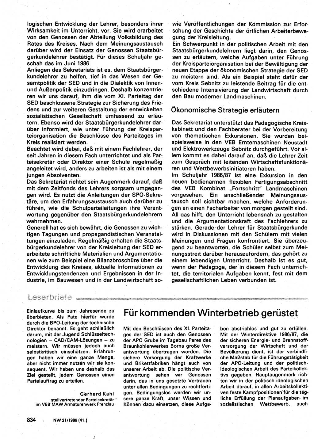 Neuer Weg (NW), Organ des Zentralkomitees (ZK) der SED (Sozialistische Einheitspartei Deutschlands) für Fragen des Parteilebens, 41. Jahrgang [Deutsche Demokratische Republik (DDR)] 1986, Seite 834 (NW ZK SED DDR 1986, S. 834)