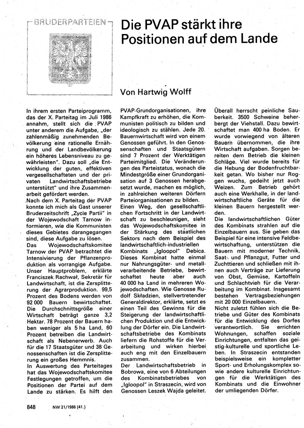 Neuer Weg (NW), Organ des Zentralkomitees (ZK) der SED (Sozialistische Einheitspartei Deutschlands) für Fragen des Parteilebens, 41. Jahrgang [Deutsche Demokratische Republik (DDR)] 1986, Seite 848 (NW ZK SED DDR 1986, S. 848)