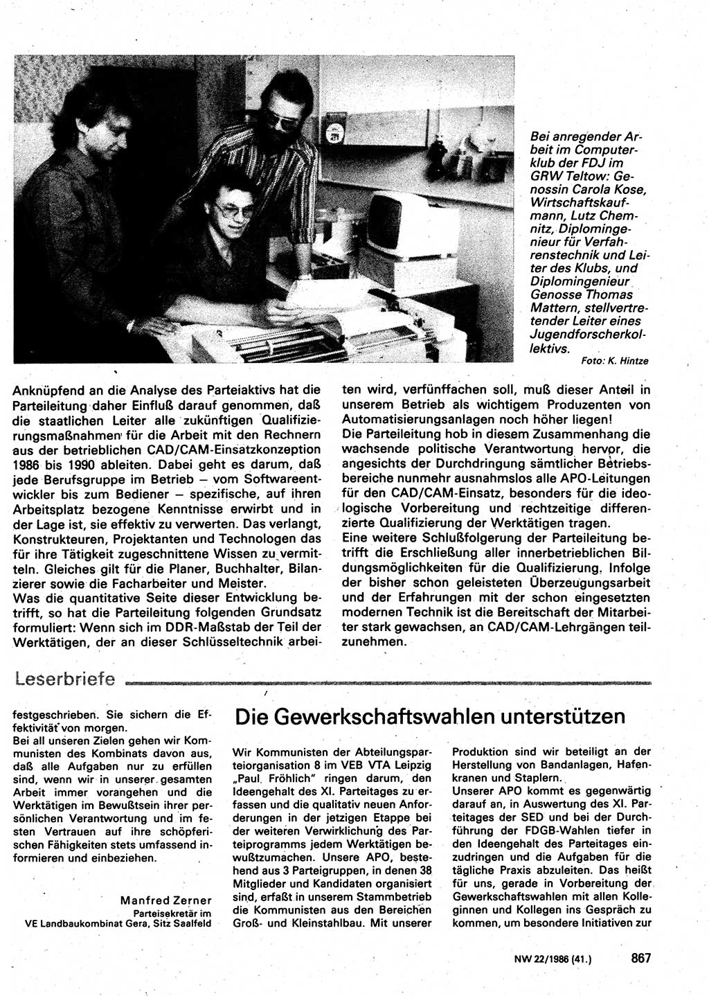 Neuer Weg (NW), Organ des Zentralkomitees (ZK) der SED (Sozialistische Einheitspartei Deutschlands) für Fragen des Parteilebens, 41. Jahrgang [Deutsche Demokratische Republik (DDR)] 1986, Seite 867 (NW ZK SED DDR 1986, S. 867)