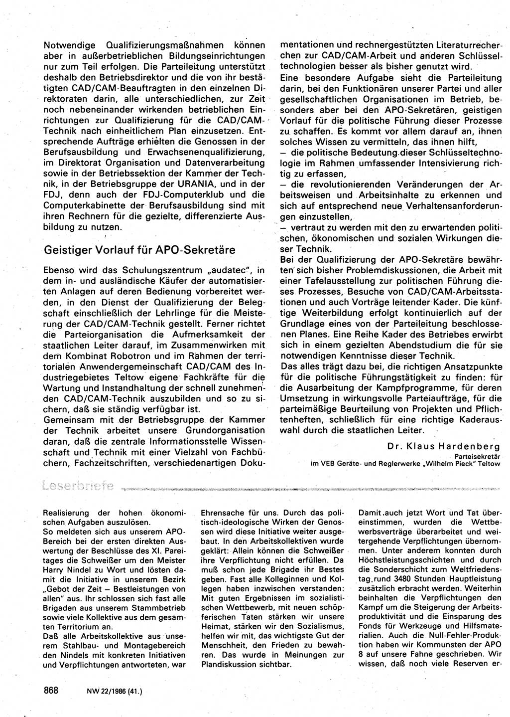 Neuer Weg (NW), Organ des Zentralkomitees (ZK) der SED (Sozialistische Einheitspartei Deutschlands) für Fragen des Parteilebens, 41. Jahrgang [Deutsche Demokratische Republik (DDR)] 1986, Seite 868 (NW ZK SED DDR 1986, S. 868)