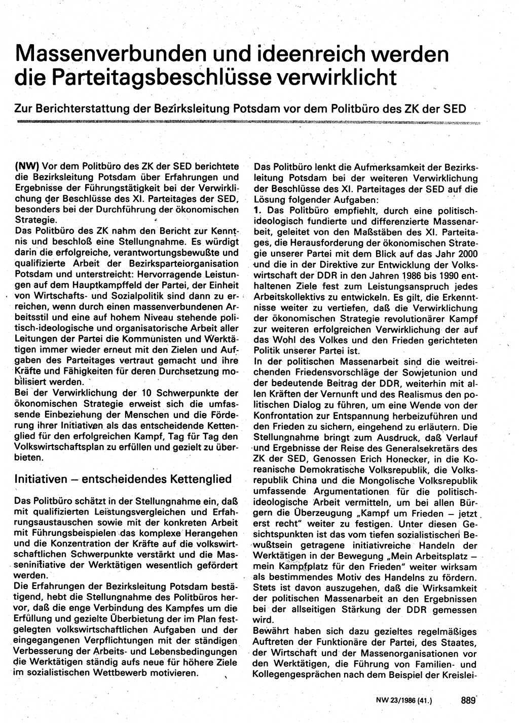 Neuer Weg (NW), Organ des Zentralkomitees (ZK) der SED (Sozialistische Einheitspartei Deutschlands) für Fragen des Parteilebens, 41. Jahrgang [Deutsche Demokratische Republik (DDR)] 1986, Seite 889 (NW ZK SED DDR 1986, S. 889)