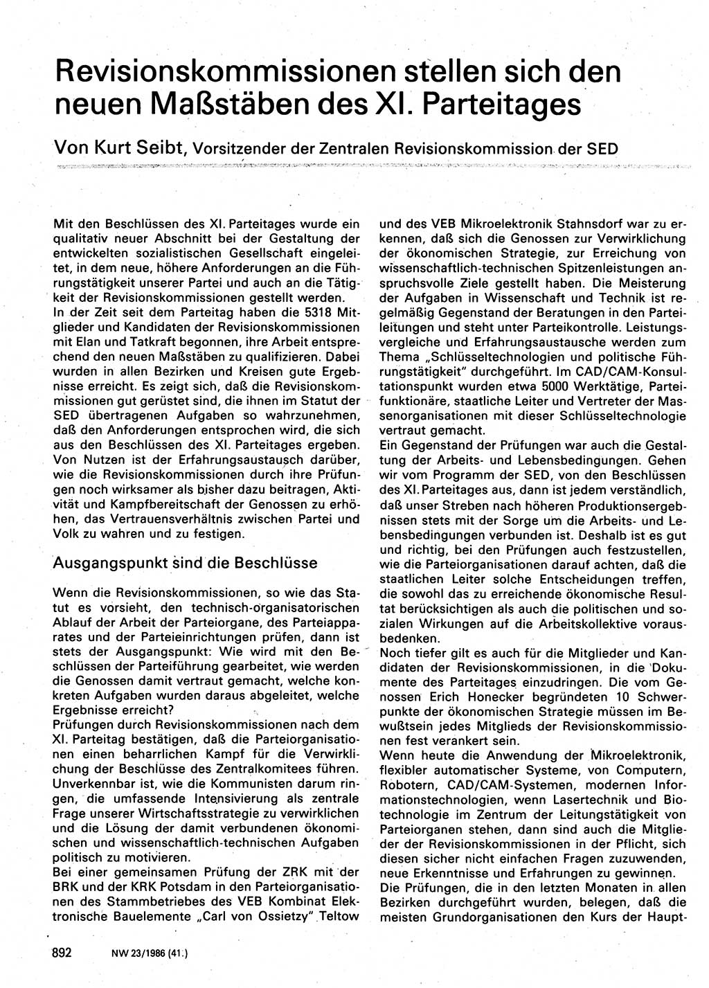 Neuer Weg (NW), Organ des Zentralkomitees (ZK) der SED (Sozialistische Einheitspartei Deutschlands) für Fragen des Parteilebens, 41. Jahrgang [Deutsche Demokratische Republik (DDR)] 1986, Seite 892 (NW ZK SED DDR 1986, S. 892)