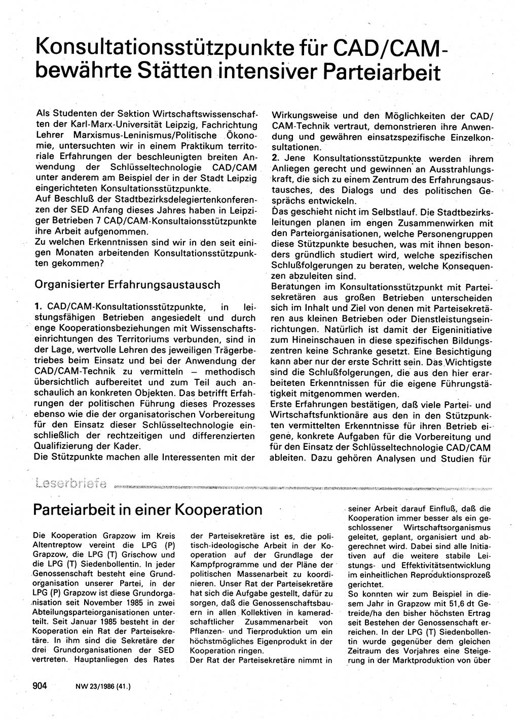 Neuer Weg (NW), Organ des Zentralkomitees (ZK) der SED (Sozialistische Einheitspartei Deutschlands) für Fragen des Parteilebens, 41. Jahrgang [Deutsche Demokratische Republik (DDR)] 1986, Seite 904 (NW ZK SED DDR 1986, S. 904)