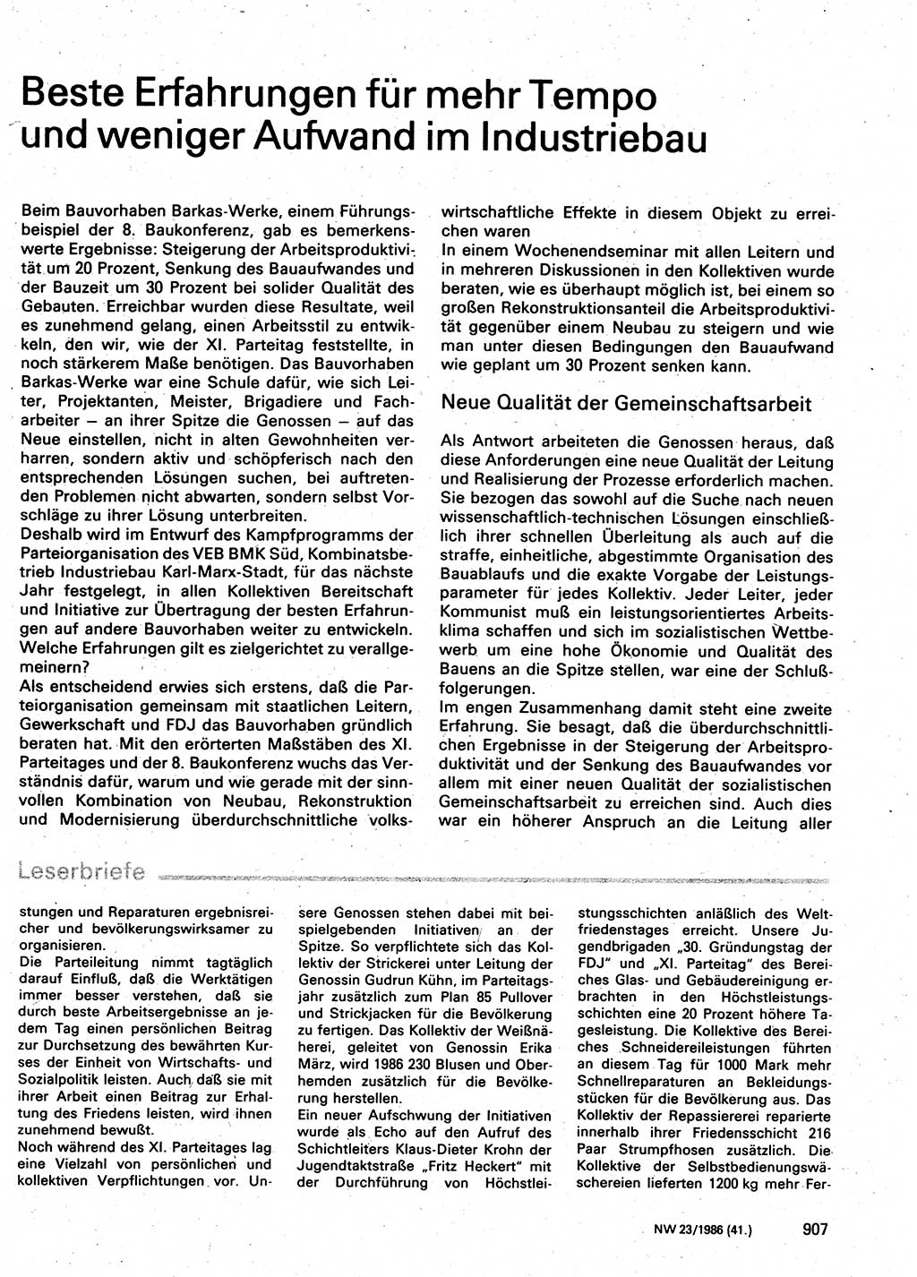 Neuer Weg (NW), Organ des Zentralkomitees (ZK) der SED (Sozialistische Einheitspartei Deutschlands) für Fragen des Parteilebens, 41. Jahrgang [Deutsche Demokratische Republik (DDR)] 1986, Seite 907 (NW ZK SED DDR 1986, S. 907)