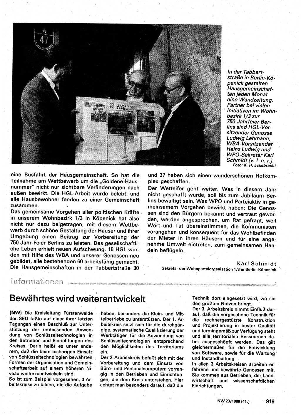 Neuer Weg (NW), Organ des Zentralkomitees (ZK) der SED (Sozialistische Einheitspartei Deutschlands) für Fragen des Parteilebens, 41. Jahrgang [Deutsche Demokratische Republik (DDR)] 1986, Seite 919 (NW ZK SED DDR 1986, S. 919)