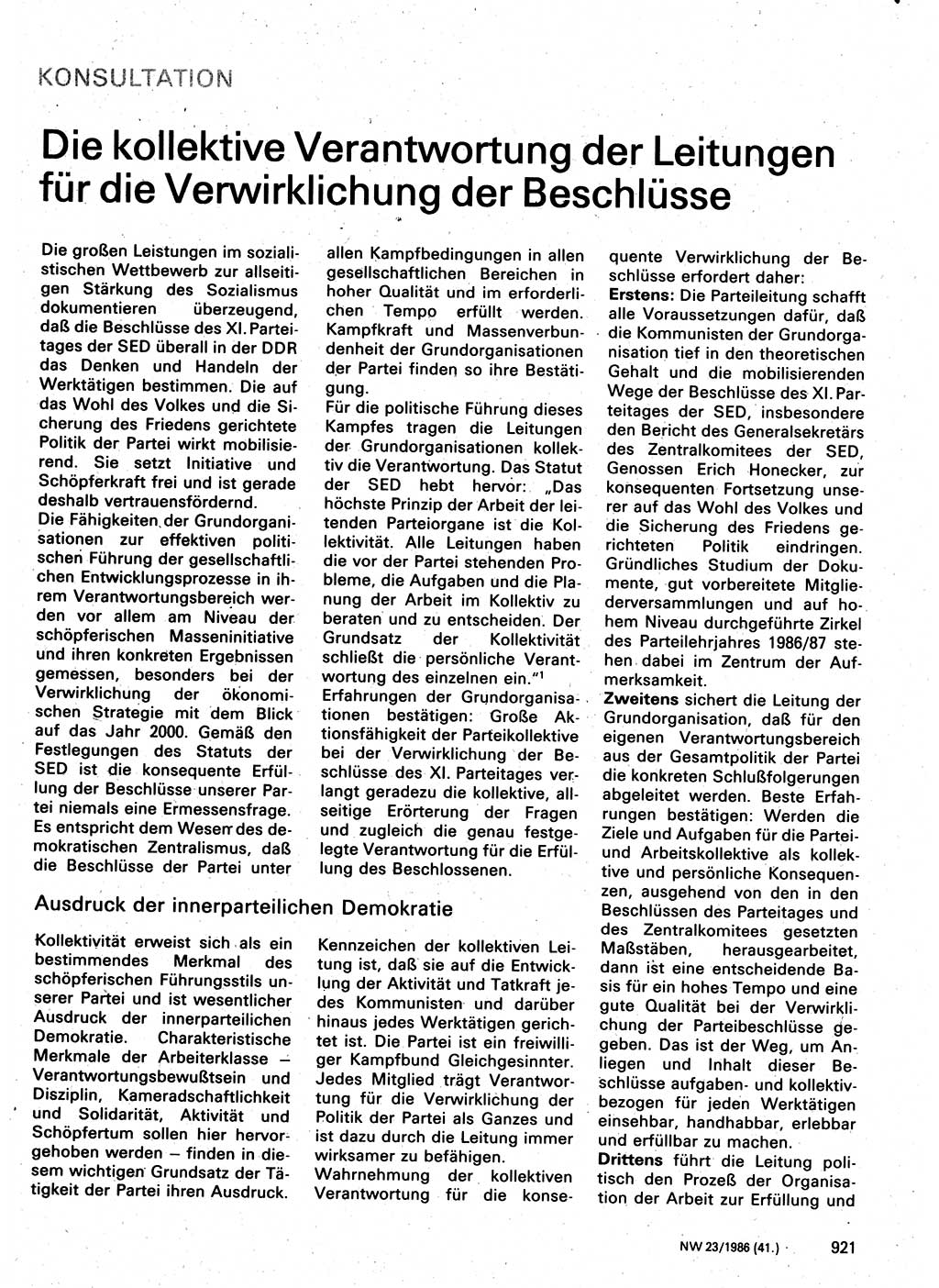 Neuer Weg (NW), Organ des Zentralkomitees (ZK) der SED (Sozialistische Einheitspartei Deutschlands) für Fragen des Parteilebens, 41. Jahrgang [Deutsche Demokratische Republik (DDR)] 1986, Seite 921 (NW ZK SED DDR 1986, S. 921)