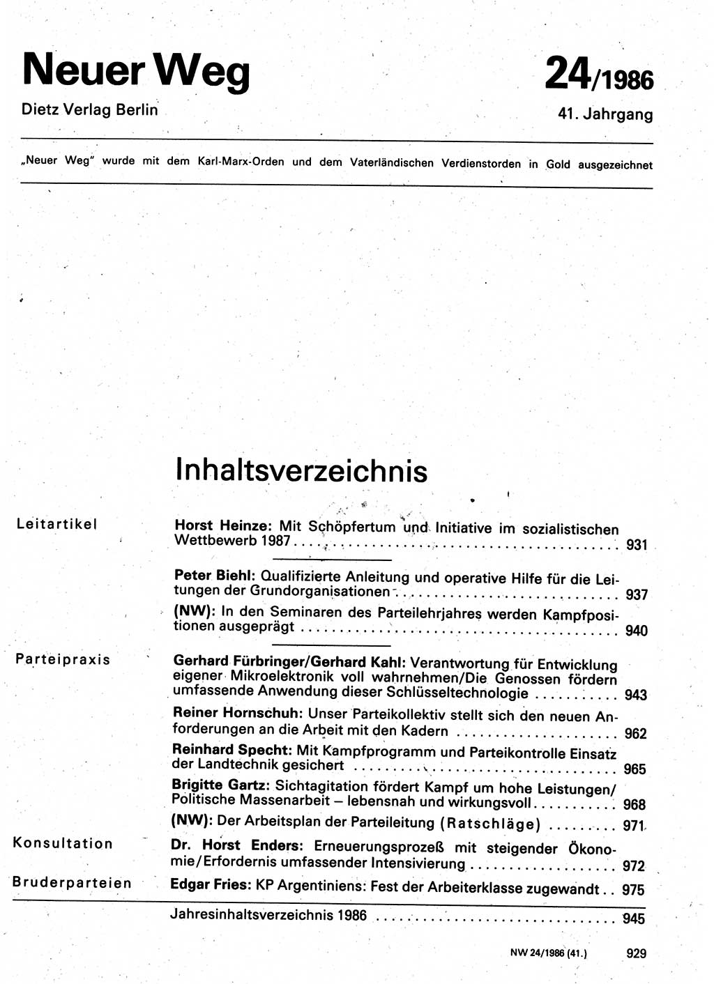 Neuer Weg (NW), Organ des Zentralkomitees (ZK) der SED (Sozialistische Einheitspartei Deutschlands) für Fragen des Parteilebens, 41. Jahrgang [Deutsche Demokratische Republik (DDR)] 1986, Seite 929 (NW ZK SED DDR 1986, S. 929)