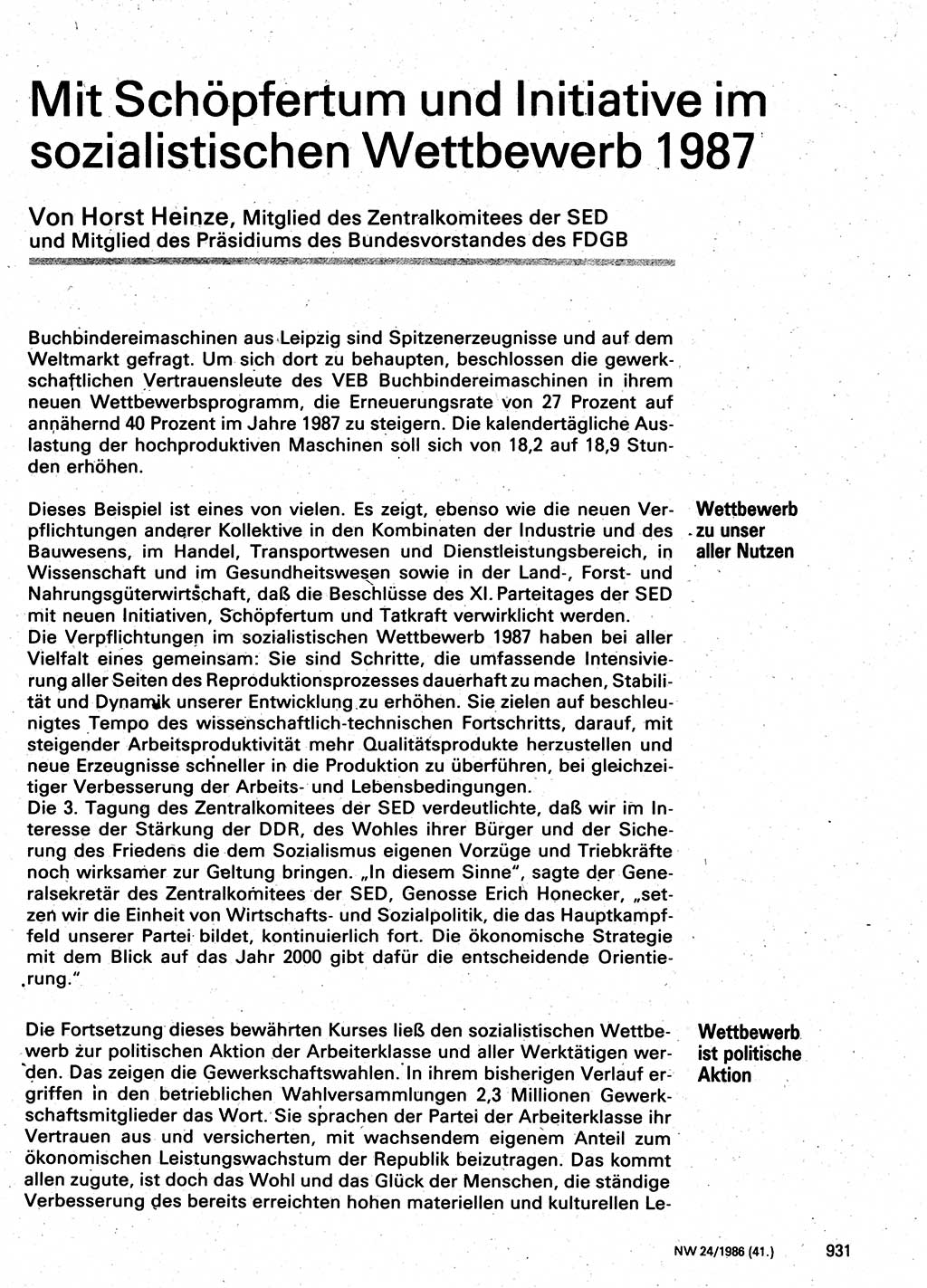 Neuer Weg (NW), Organ des Zentralkomitees (ZK) der SED (Sozialistische Einheitspartei Deutschlands) für Fragen des Parteilebens, 41. Jahrgang [Deutsche Demokratische Republik (DDR)] 1986, Seite 931 (NW ZK SED DDR 1986, S. 931)