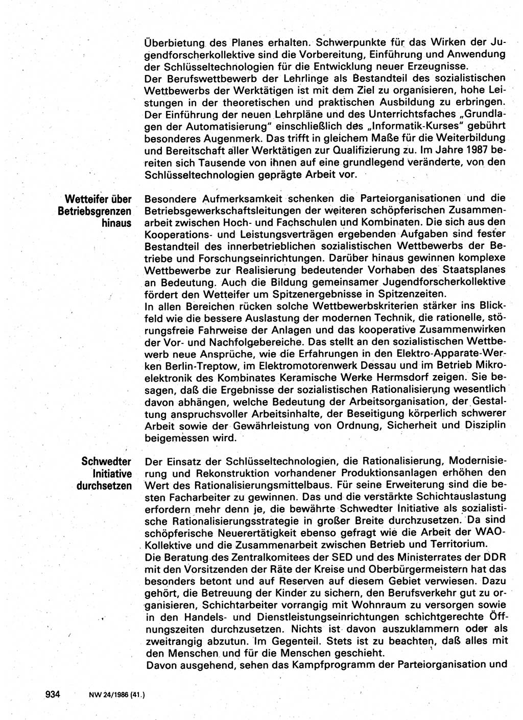 Neuer Weg (NW), Organ des Zentralkomitees (ZK) der SED (Sozialistische Einheitspartei Deutschlands) für Fragen des Parteilebens, 41. Jahrgang [Deutsche Demokratische Republik (DDR)] 1986, Seite 934 (NW ZK SED DDR 1986, S. 934)