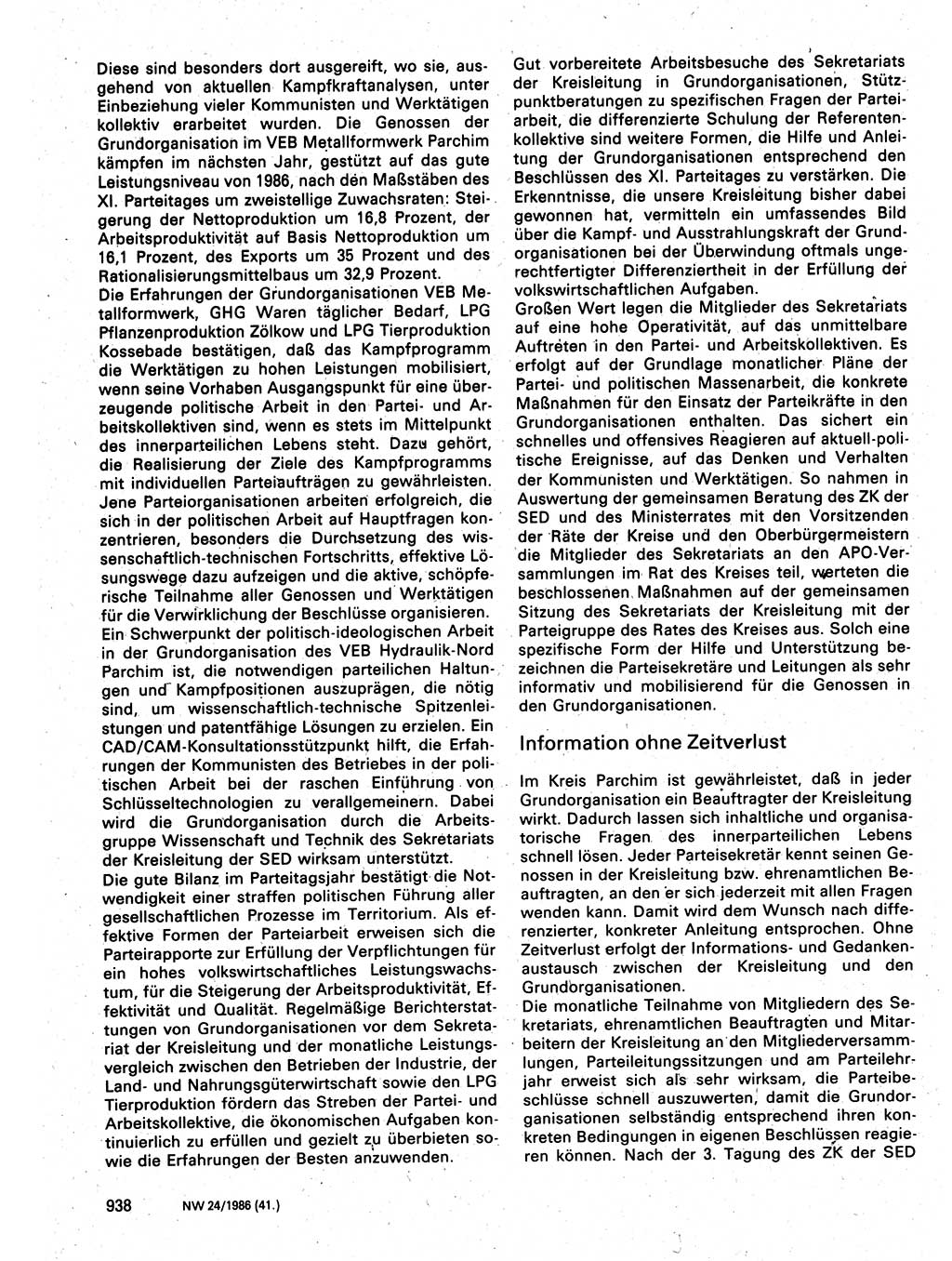 Neuer Weg (NW), Organ des Zentralkomitees (ZK) der SED (Sozialistische Einheitspartei Deutschlands) für Fragen des Parteilebens, 41. Jahrgang [Deutsche Demokratische Republik (DDR)] 1986, Seite 938 (NW ZK SED DDR 1986, S. 938)