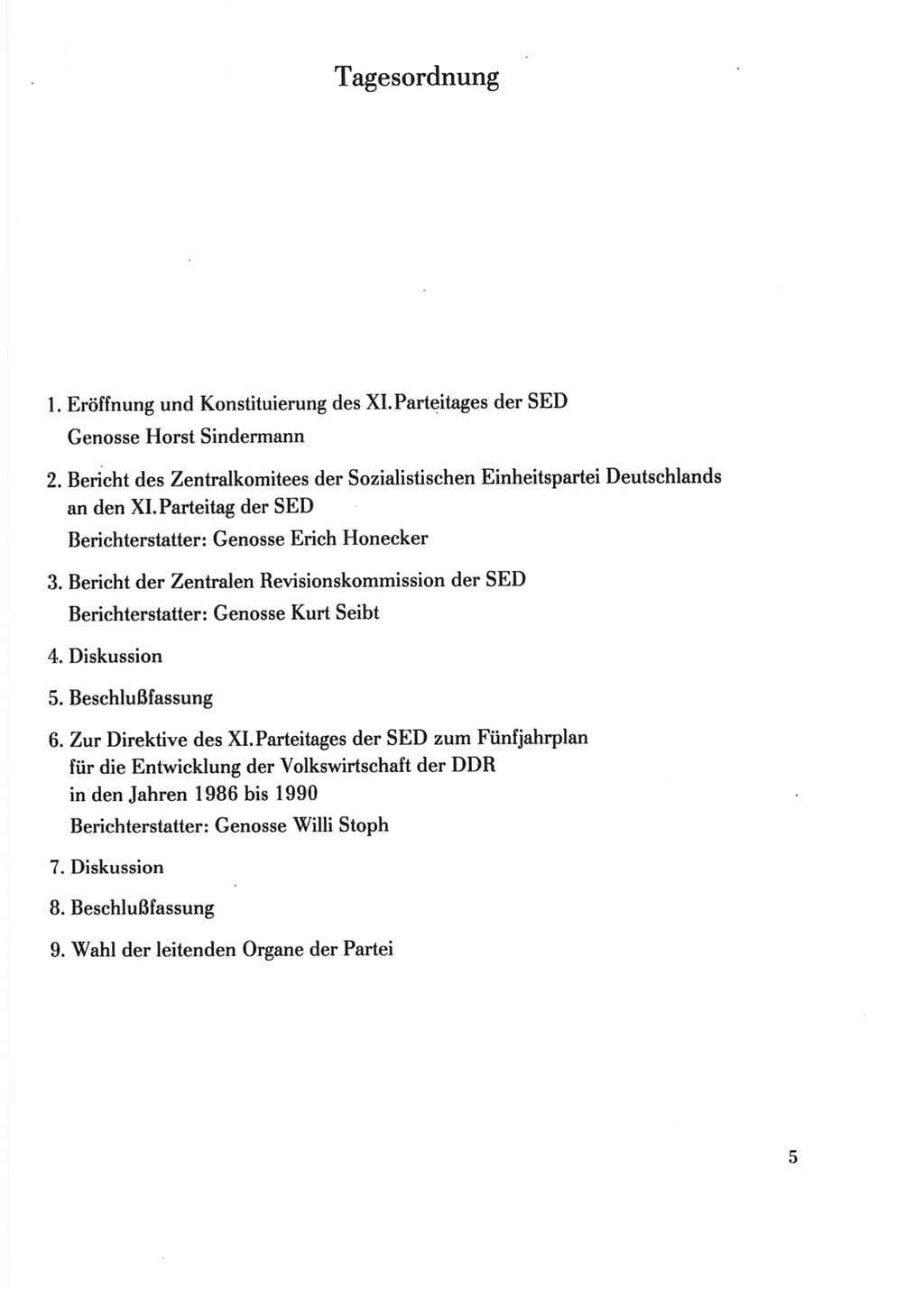 Protokoll der Verhandlungen des Ⅺ. Parteitages der Sozialistischen Einheitspartei Deutschlands (SED) [Deutsche Demokratische Republik (DDR)] 1986, Seite 5