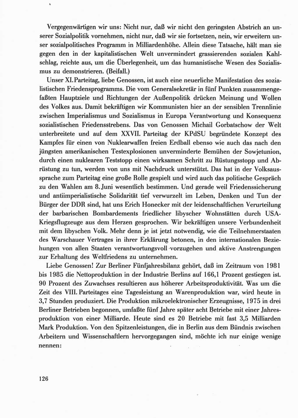 Protokoll der Verhandlungen des Ⅺ. Parteitages der Sozialistischen Einheitspartei Deutschlands (SED) [Deutsche Demokratische Republik (DDR)] 1986, Seite 126