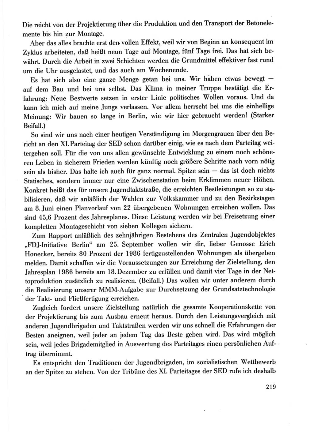 Protokoll der Verhandlungen des Ⅺ. Parteitages der Sozialistischen Einheitspartei Deutschlands (SED) [Deutsche Demokratische Republik (DDR)] 1986, Seite 219