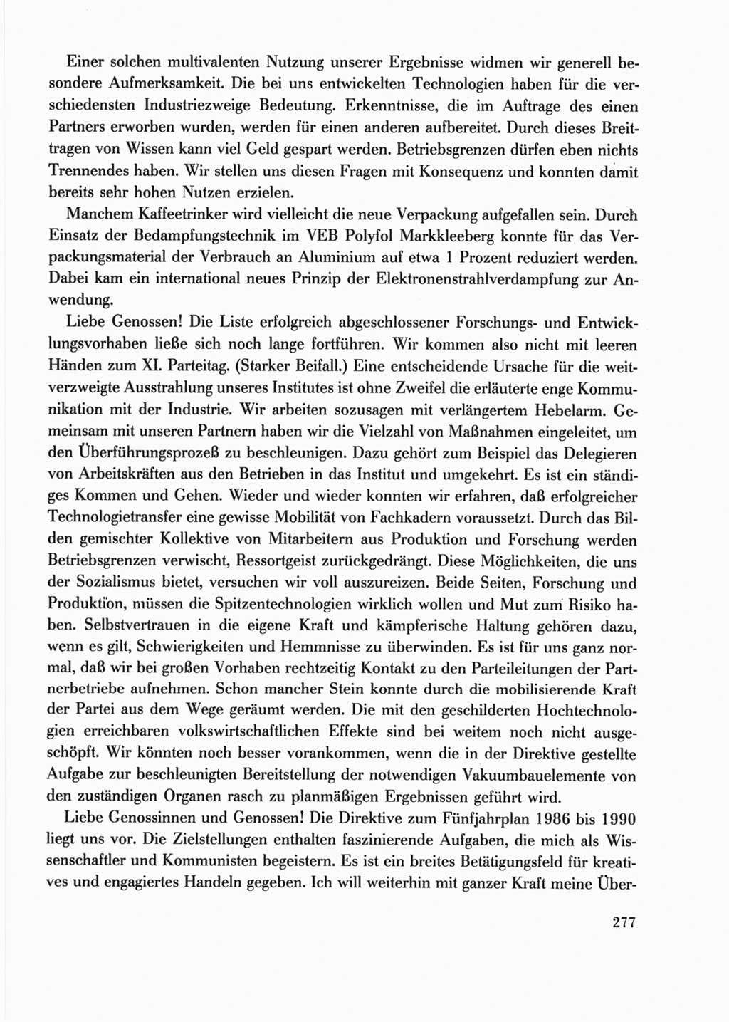 Protokoll der Verhandlungen des Ⅺ. Parteitages der Sozialistischen Einheitspartei Deutschlands (SED) [Deutsche Demokratische Republik (DDR)] 1986, Seite 277