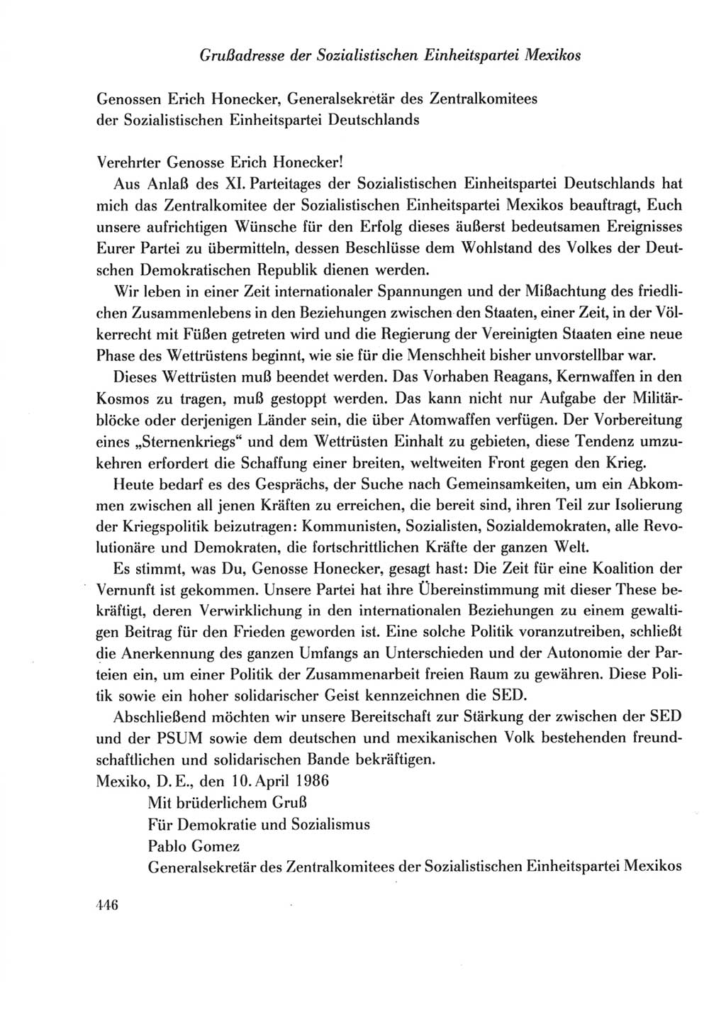 Protokoll der Verhandlungen des Ⅺ. Parteitages der Sozialistischen Einheitspartei Deutschlands (SED) [Deutsche Demokratische Republik (DDR)] 1986, Seite 446