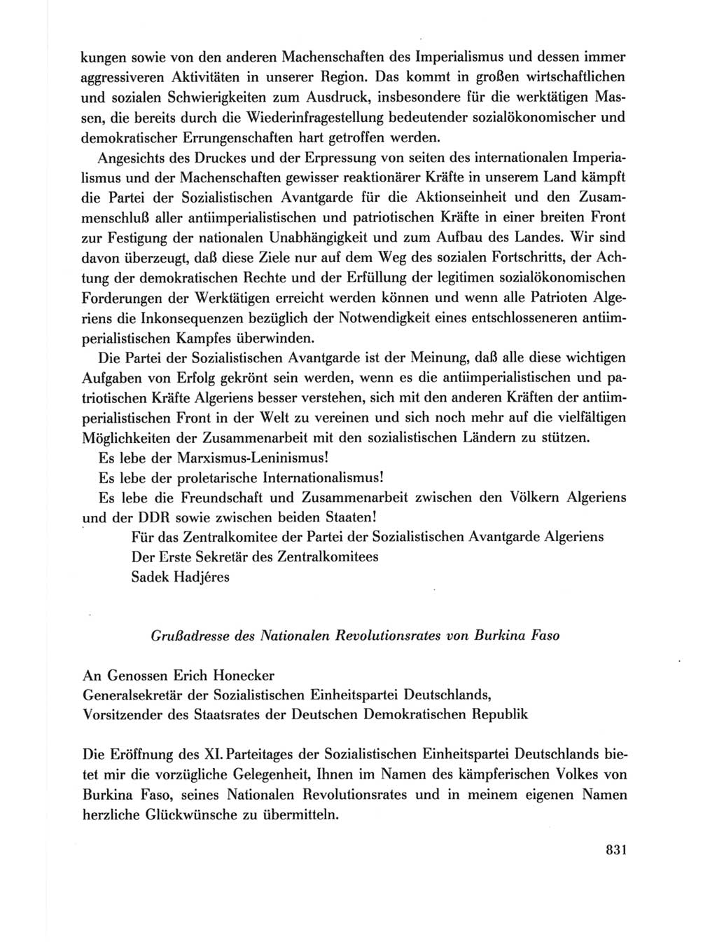 Protokoll der Verhandlungen des Ⅺ. Parteitages der Sozialistischen Einheitspartei Deutschlands (SED) [Deutsche Demokratische Republik (DDR)] 1986, Seite 831