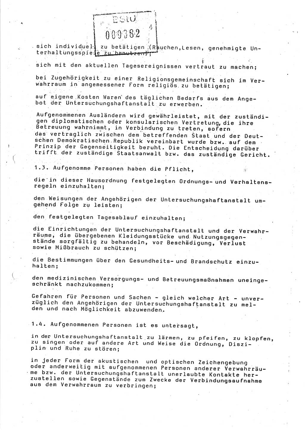 Ordnungs- und Verhaltensregeln (Hausordnung) für in die Untersuchungshaftanstalt (UHA) aufgenommene Personen, Ministerium für Staatssicherheit (MfS) [Deutsche Demokratische Republik (DDR)], Abteilung ⅩⅣ, Leiter, Büro der Leitung (BdL) 35/86, Berlin, 29.1.1986, Blatt 4 (H.-Ordn. UHA MfS DDR Abt. ⅩⅣ Ltr. BdL/35/86 1986, Bl. 4)