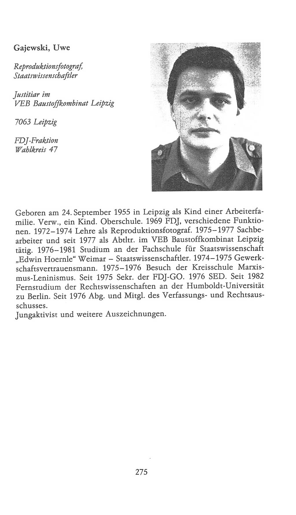 Volkskammer (VK) der Deutschen Demokratischen Republik (DDR), 9. Wahlperiode 1986-1990, Seite 275 (VK. DDR 9. WP. 1986-1990, S. 275)