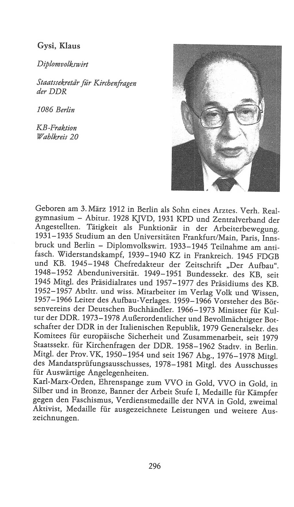 Volkskammer (VK) der Deutschen Demokratischen Republik (DDR), 9. Wahlperiode 1986-1990, Seite 296 (VK. DDR 9. WP. 1986-1990, S. 296)