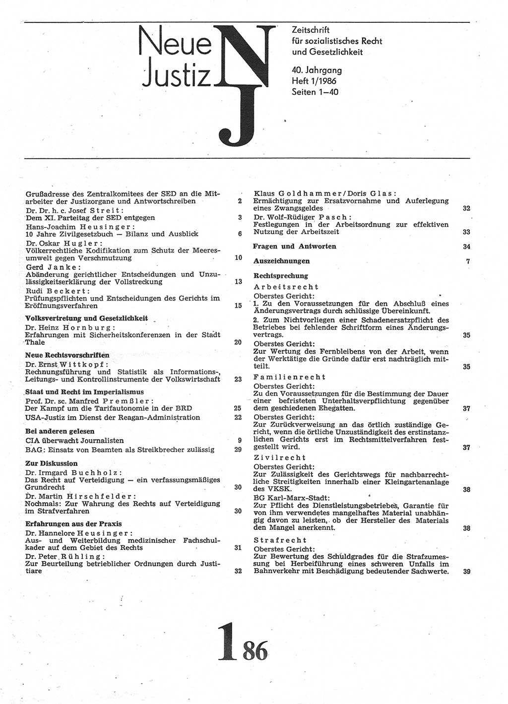 Neue Justiz (NJ), Zeitschrift für sozialistisches Recht und Gesetzlichkeit [Deutsche Demokratische Republik (DDR)], 40. Jahrgang 1986, Seite 1 (NJ DDR 1986, S. 1)