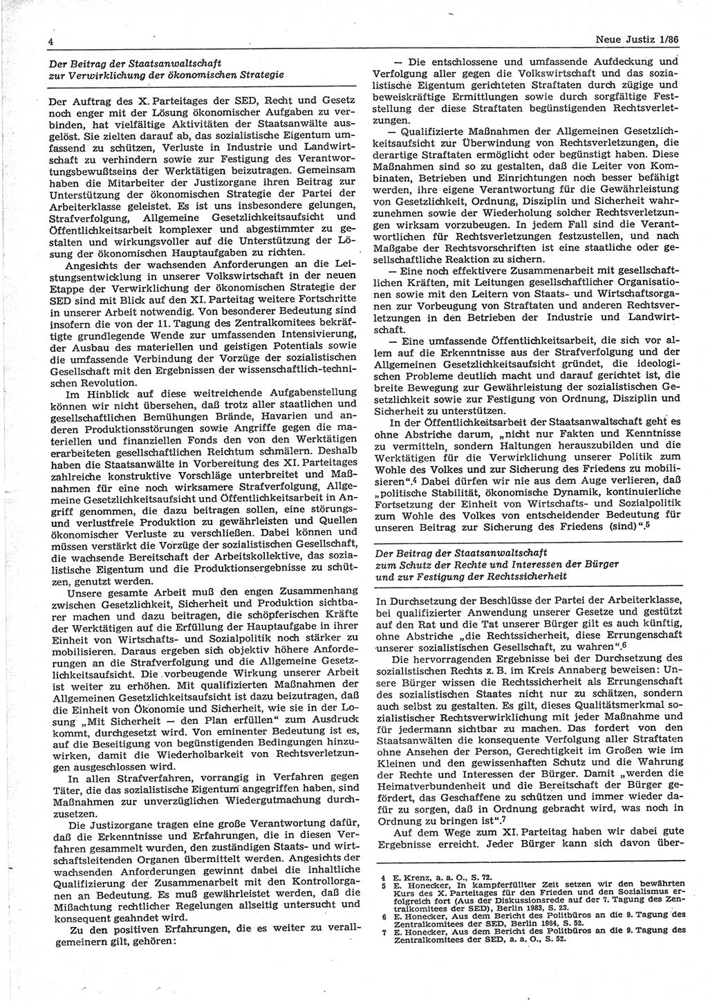 Neue Justiz (NJ), Zeitschrift für sozialistisches Recht und Gesetzlichkeit [Deutsche Demokratische Republik (DDR)], 40. Jahrgang 1986, Seite 4 (NJ DDR 1986, S. 4)