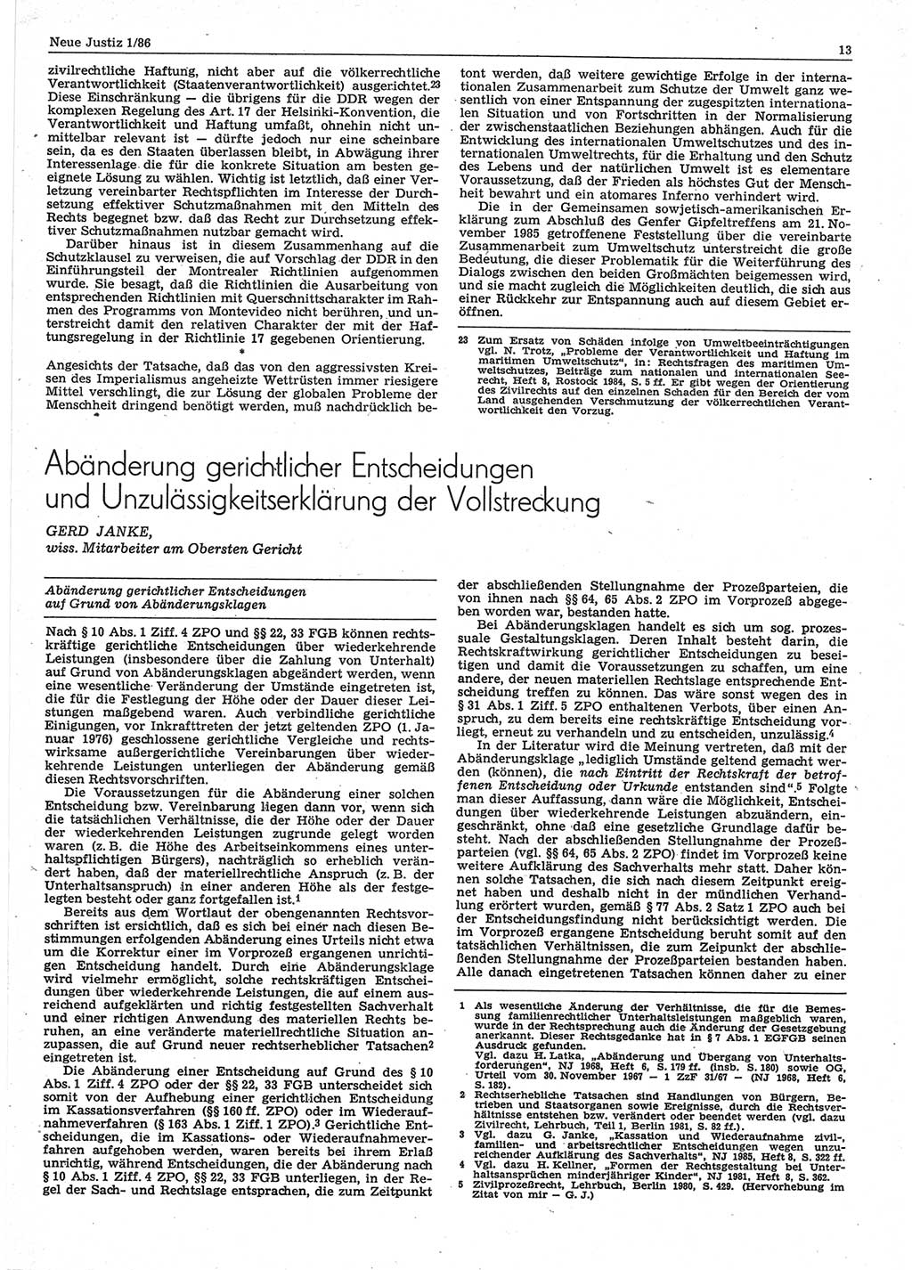 Neue Justiz (NJ), Zeitschrift für sozialistisches Recht und Gesetzlichkeit [Deutsche Demokratische Republik (DDR)], 40. Jahrgang 1986, Seite 13 (NJ DDR 1986, S. 13)