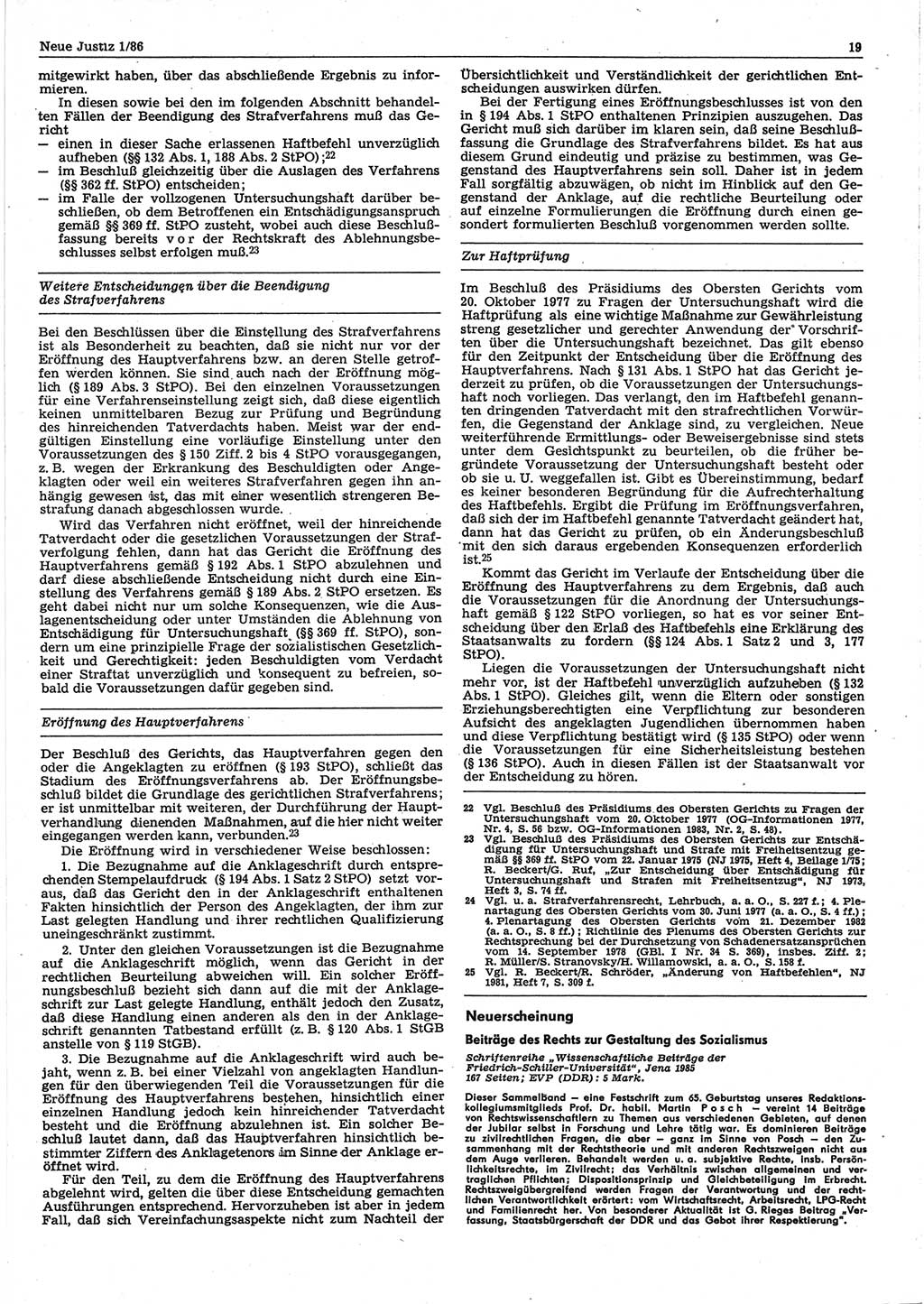 Neue Justiz (NJ), Zeitschrift für sozialistisches Recht und Gesetzlichkeit [Deutsche Demokratische Republik (DDR)], 40. Jahrgang 1986, Seite 19 (NJ DDR 1986, S. 19)