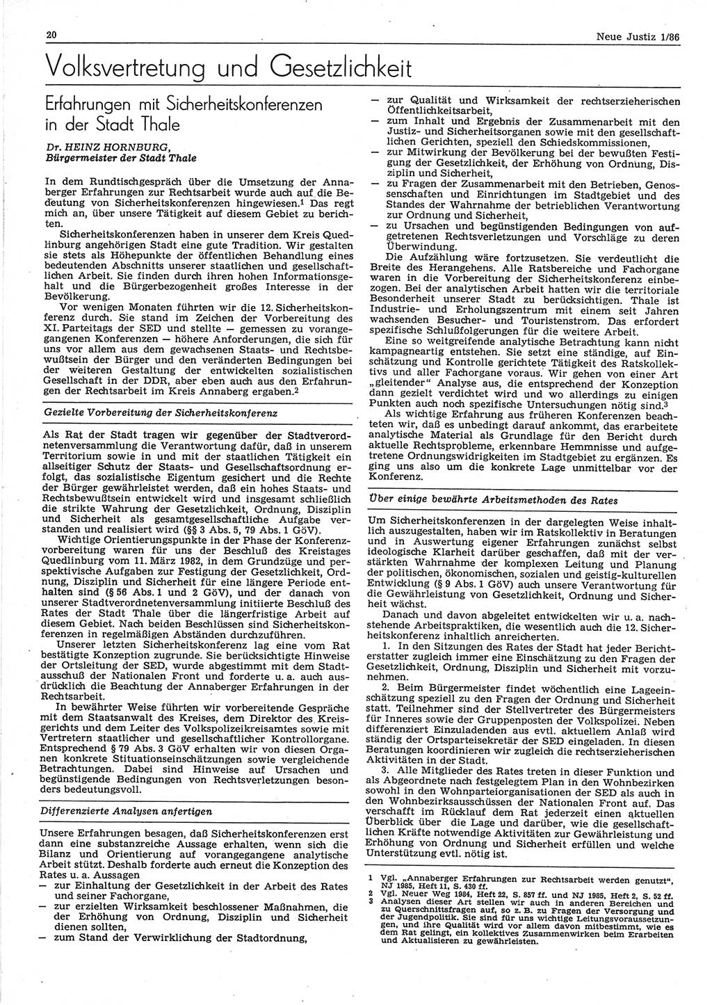 Neue Justiz (NJ), Zeitschrift für sozialistisches Recht und Gesetzlichkeit [Deutsche Demokratische Republik (DDR)], 40. Jahrgang 1986, Seite 20 (NJ DDR 1986, S. 20)