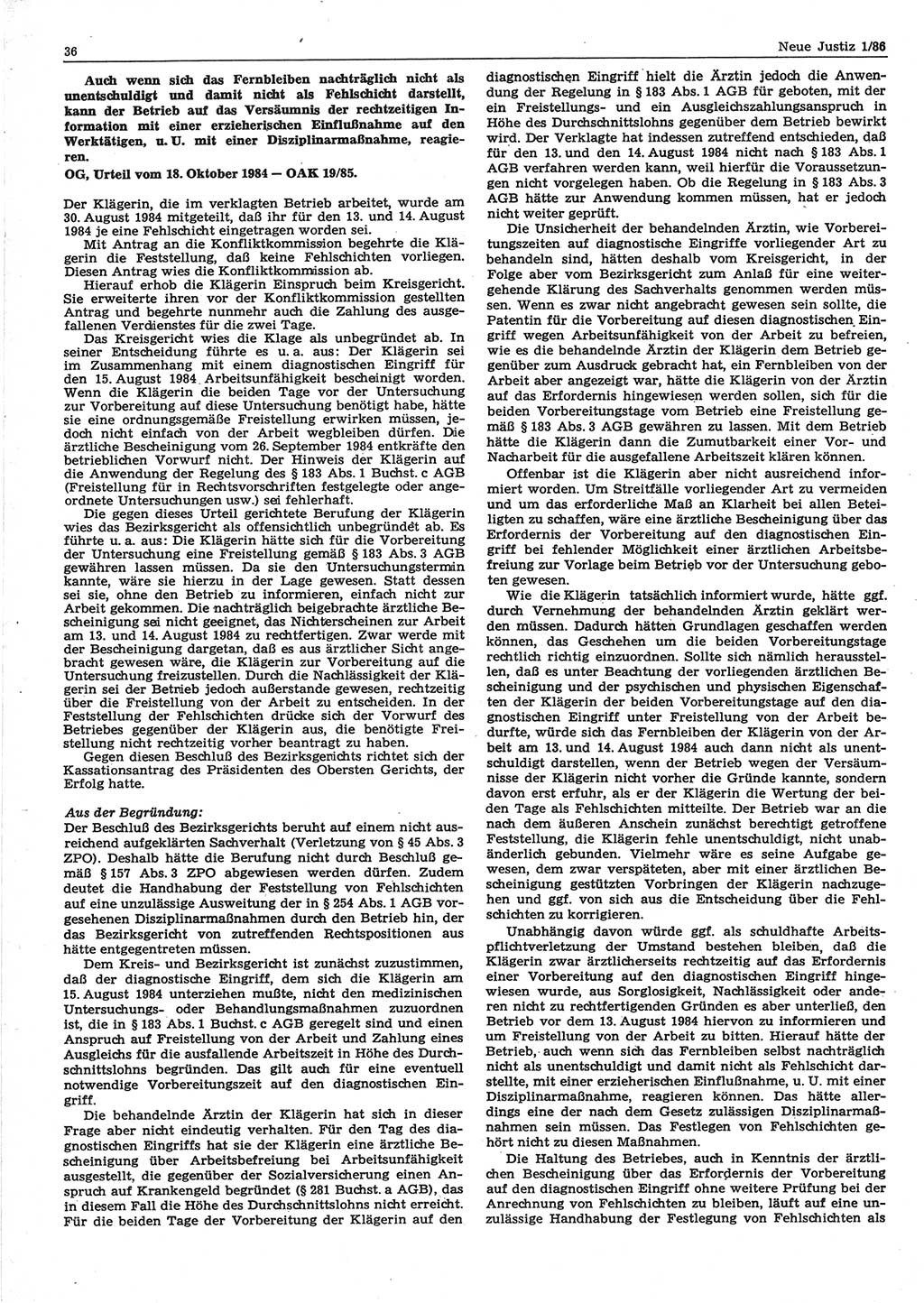 Neue Justiz (NJ), Zeitschrift für sozialistisches Recht und Gesetzlichkeit [Deutsche Demokratische Republik (DDR)], 40. Jahrgang 1986, Seite 36 (NJ DDR 1986, S. 36)