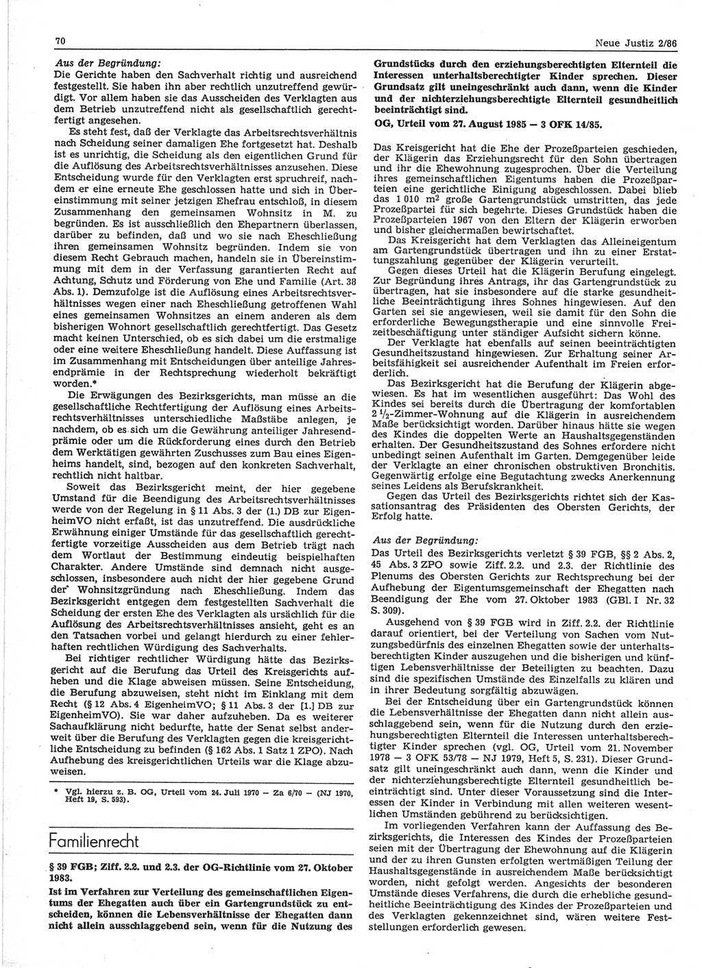 Neue Justiz (NJ), Zeitschrift für sozialistisches Recht und Gesetzlichkeit [Deutsche Demokratische Republik (DDR)], 40. Jahrgang 1986, Seite 70 (NJ DDR 1986, S. 70)