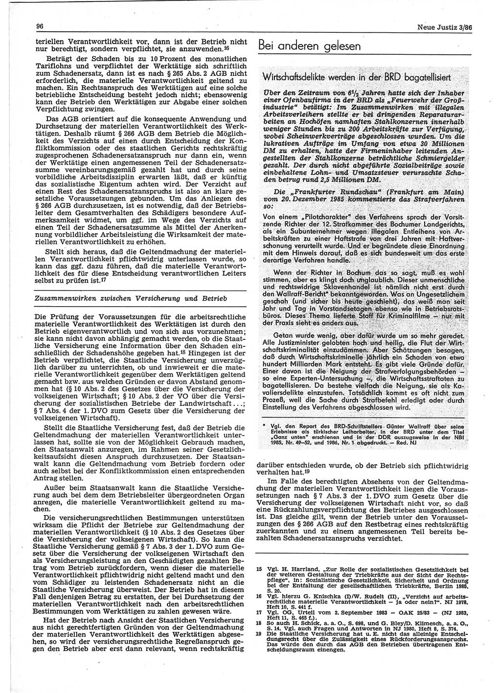 Neue Justiz (NJ), Zeitschrift für sozialistisches Recht und Gesetzlichkeit [Deutsche Demokratische Republik (DDR)], 40. Jahrgang 1986, Seite 96 (NJ DDR 1986, S. 96)