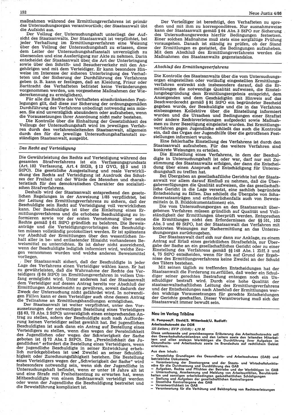 Neue Justiz (NJ), Zeitschrift für sozialistisches Recht und Gesetzlichkeit [Deutsche Demokratische Republik (DDR)], 40. Jahrgang 1986, Seite 152 (NJ DDR 1986, S. 152)